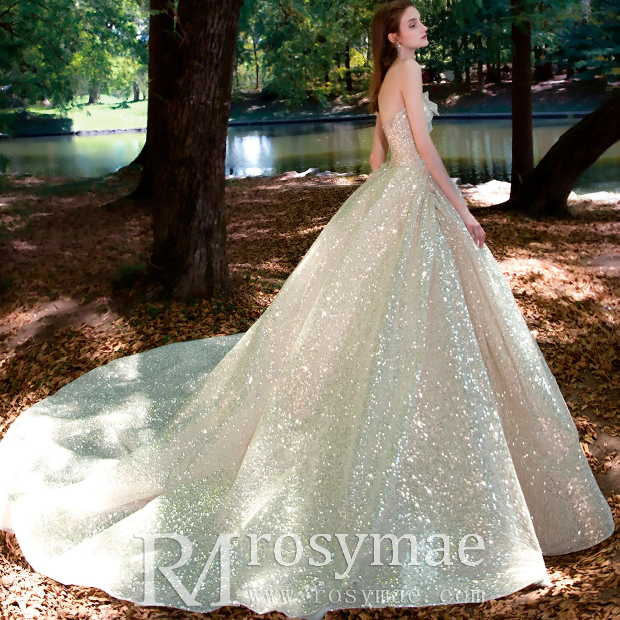 Sparkly Glitter Champagne Wedding Dresses with Leg Slit