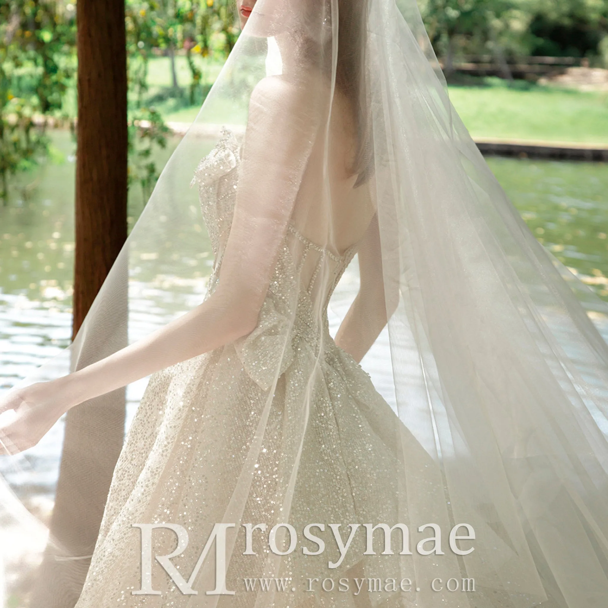 Sparkly Glitter Champagne Wedding Dresses with Leg Slit