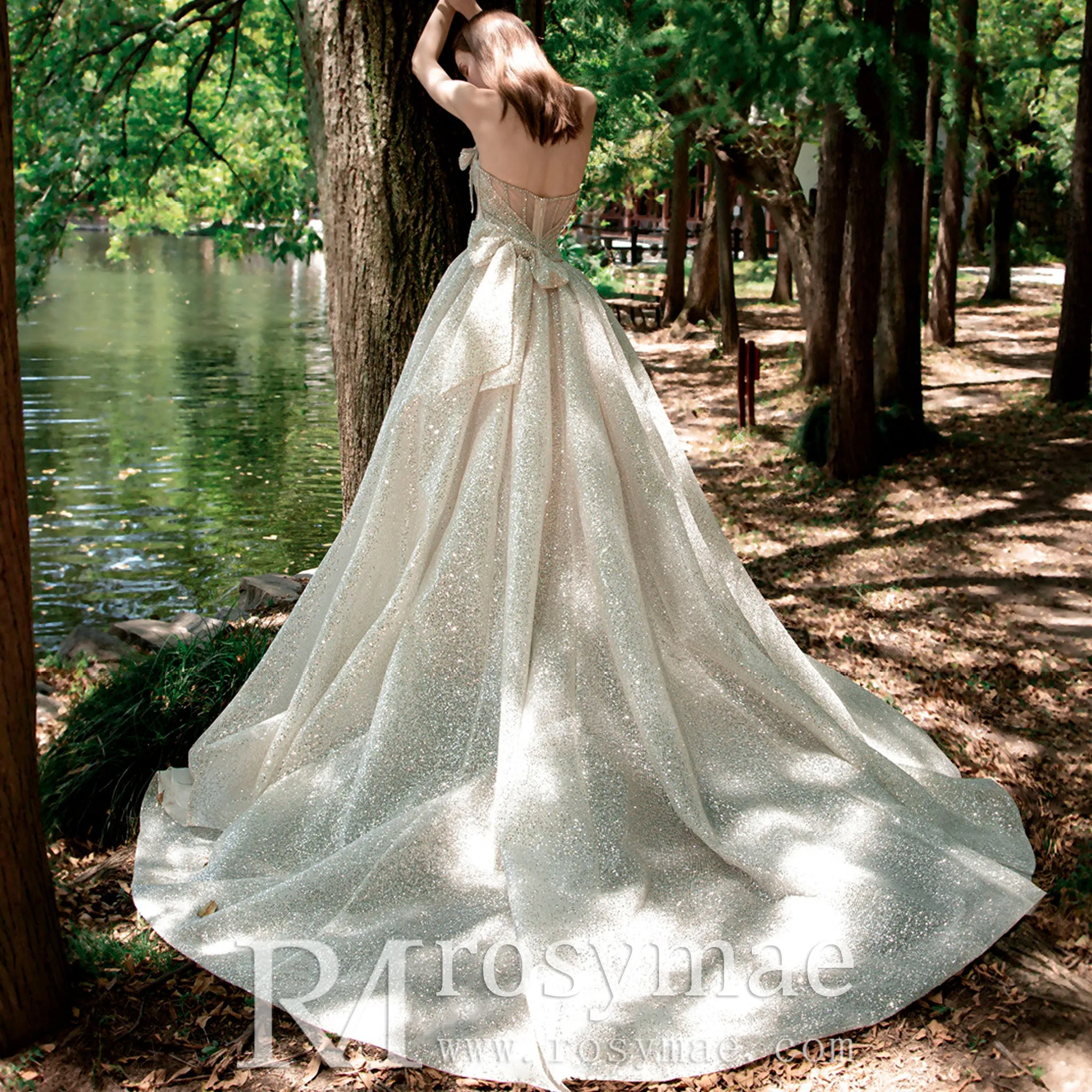 Sparkly Glitter Champagne Wedding Dresses with Leg Slit