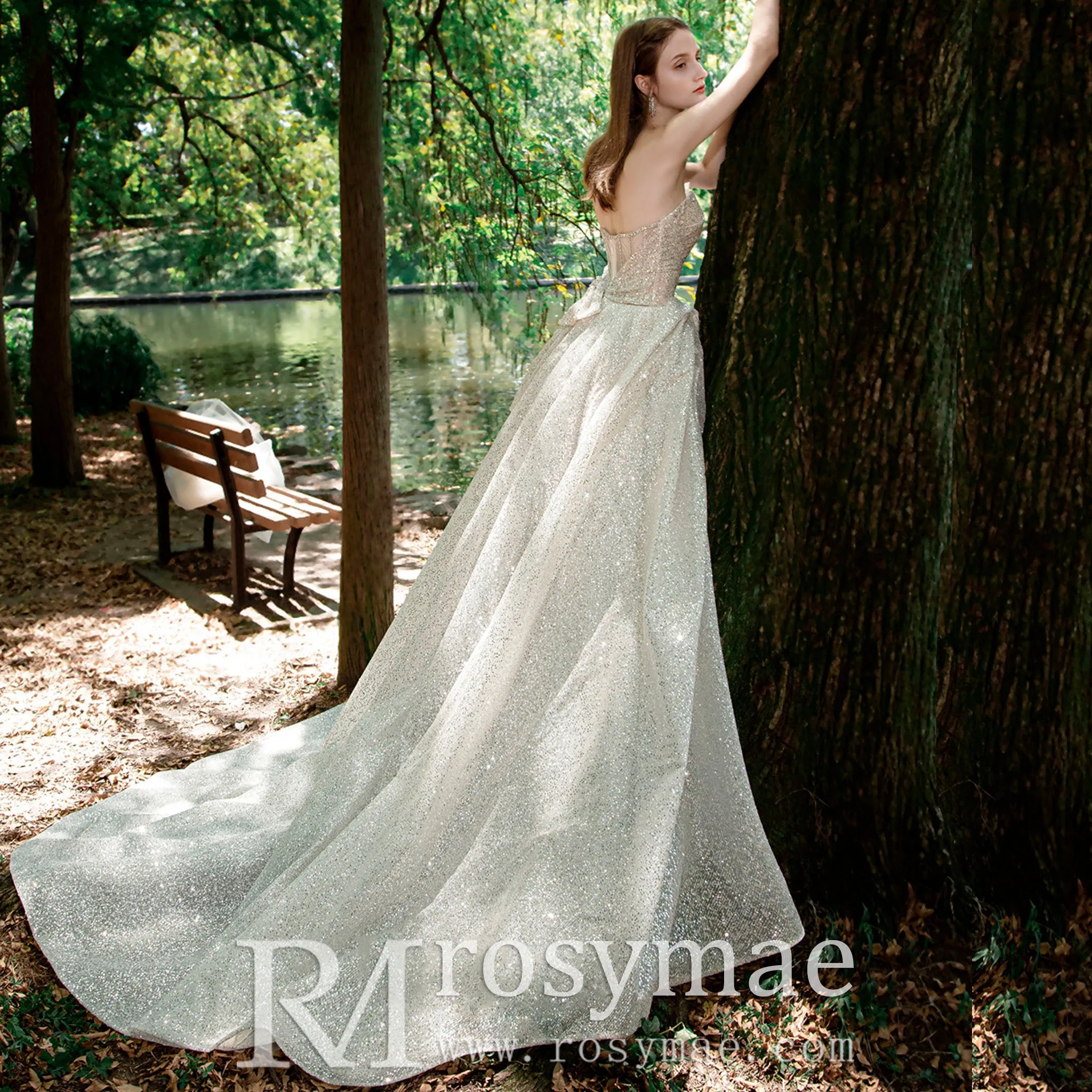 Sparkly Glitter Champagne Wedding Dresses with Leg Slit