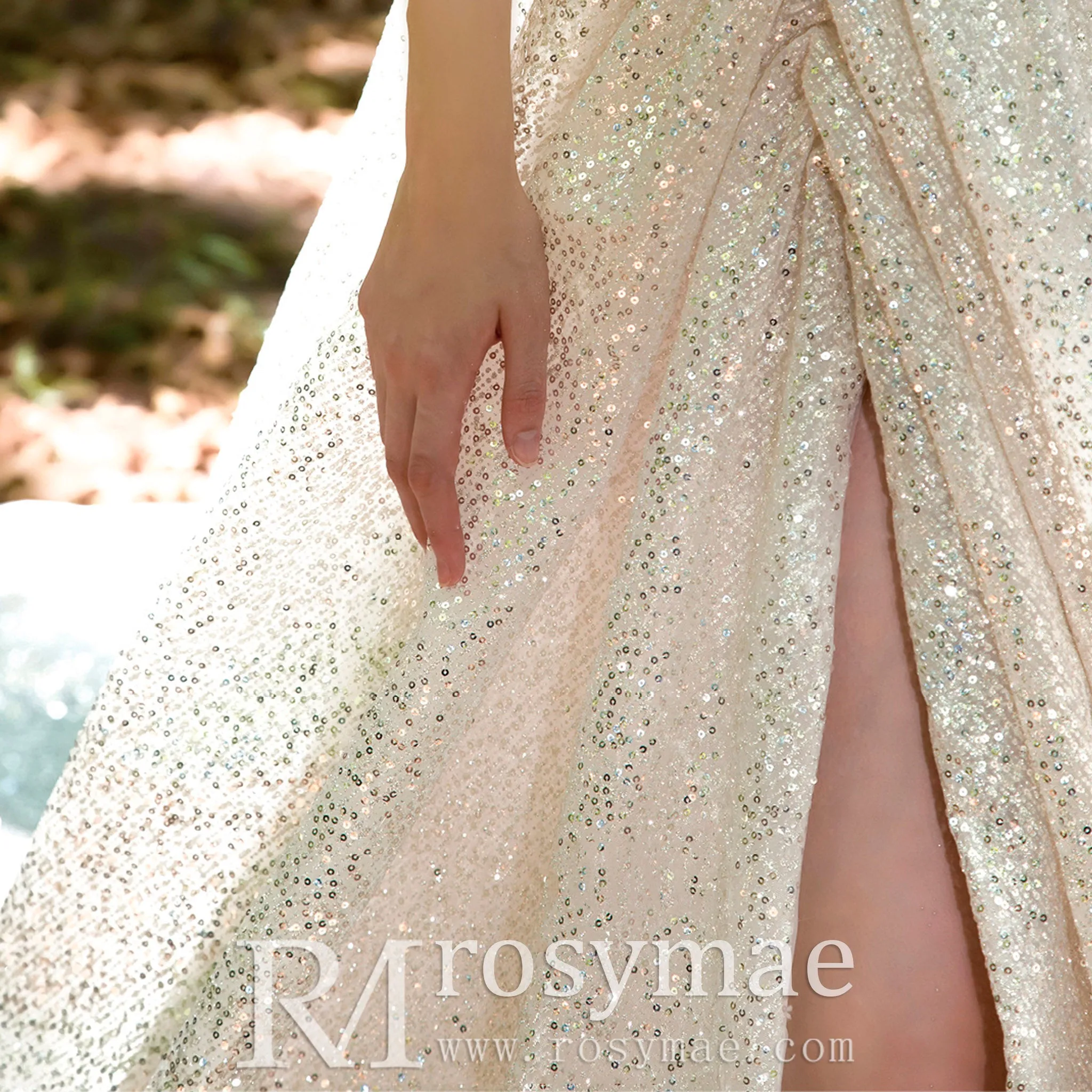 Sparkly Glitter Champagne Wedding Dresses with Leg Slit