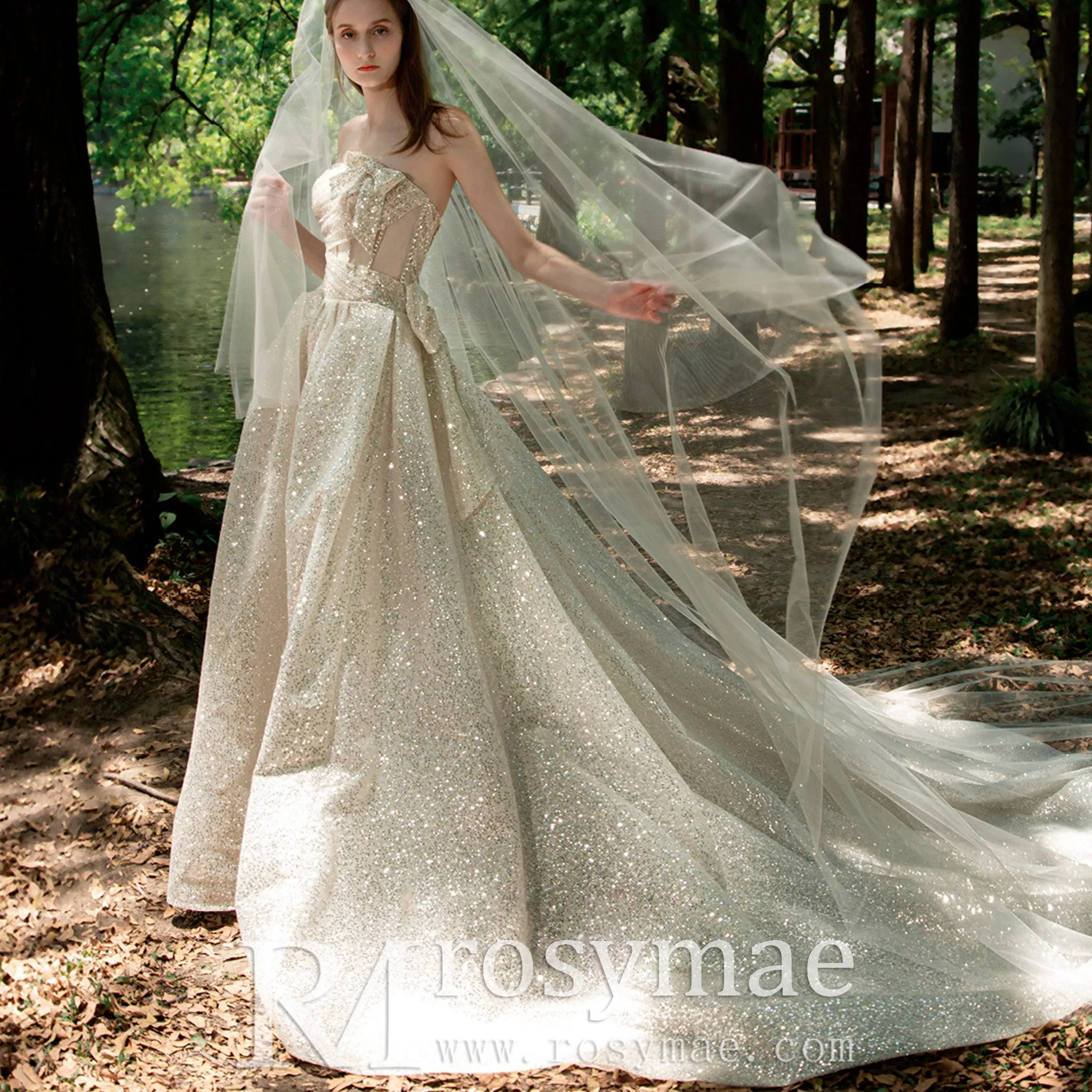 Sparkly Glitter Champagne Wedding Dresses with Leg Slit