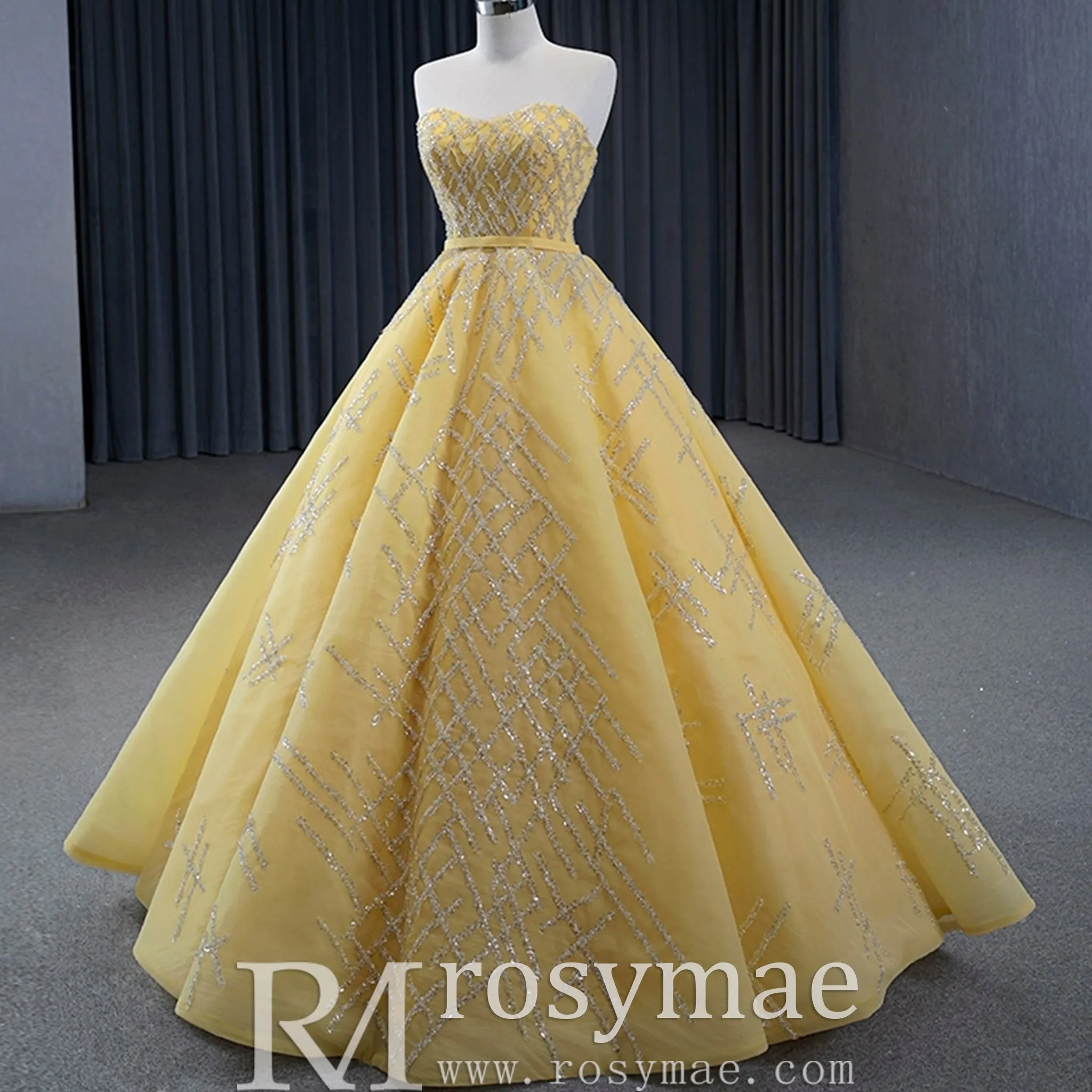 Sparkly Gold A-line Prom Gown Beaded Strapless Quinceanera Dress