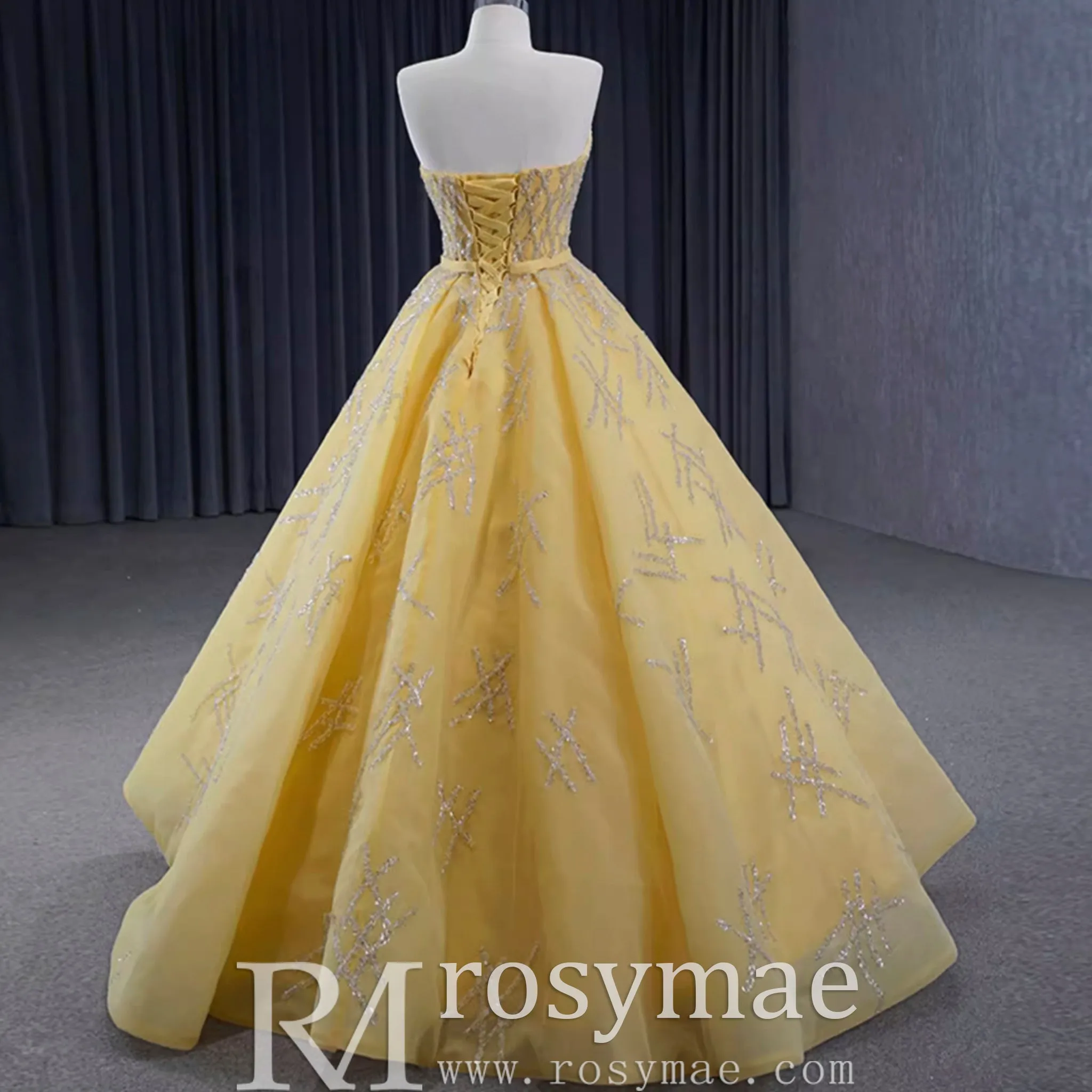 Sparkly Gold A-line Prom Gown Beaded Strapless Quinceanera Dress