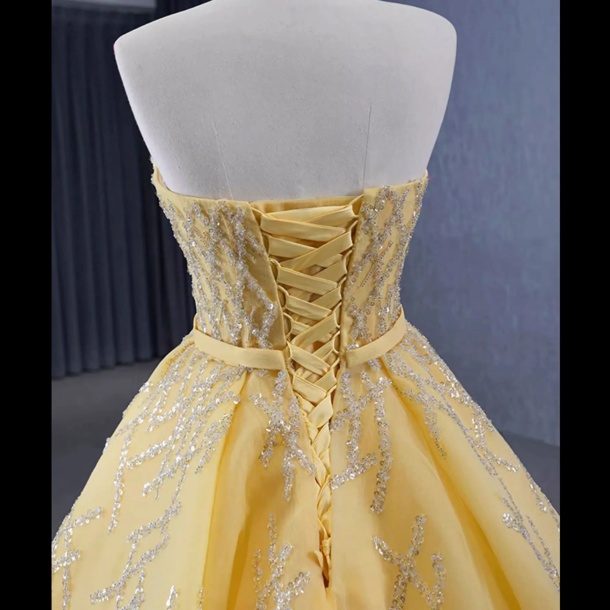 Sparkly Gold A-line Prom Gown Beaded Strapless Quinceanera Dress