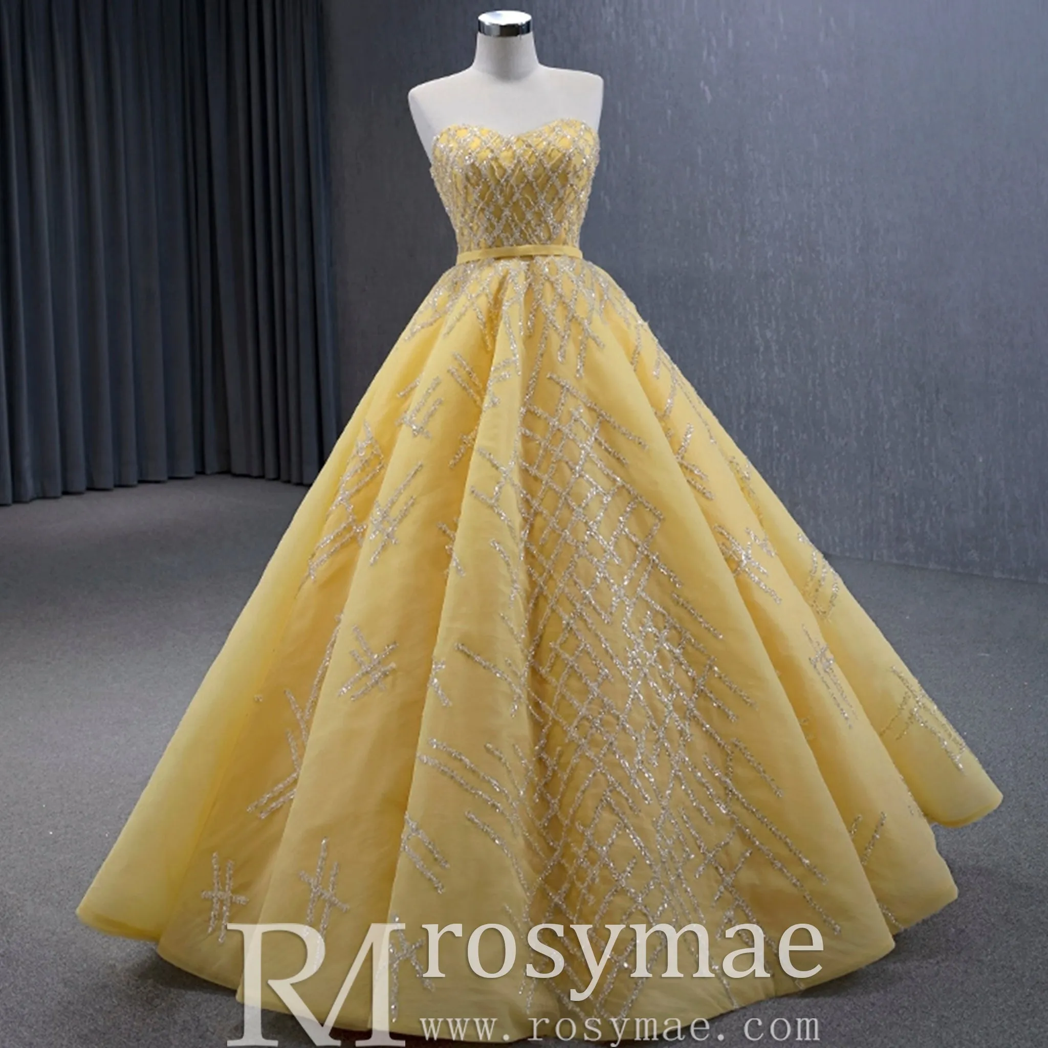 Sparkly Gold A-line Prom Gown Beaded Strapless Quinceanera Dress