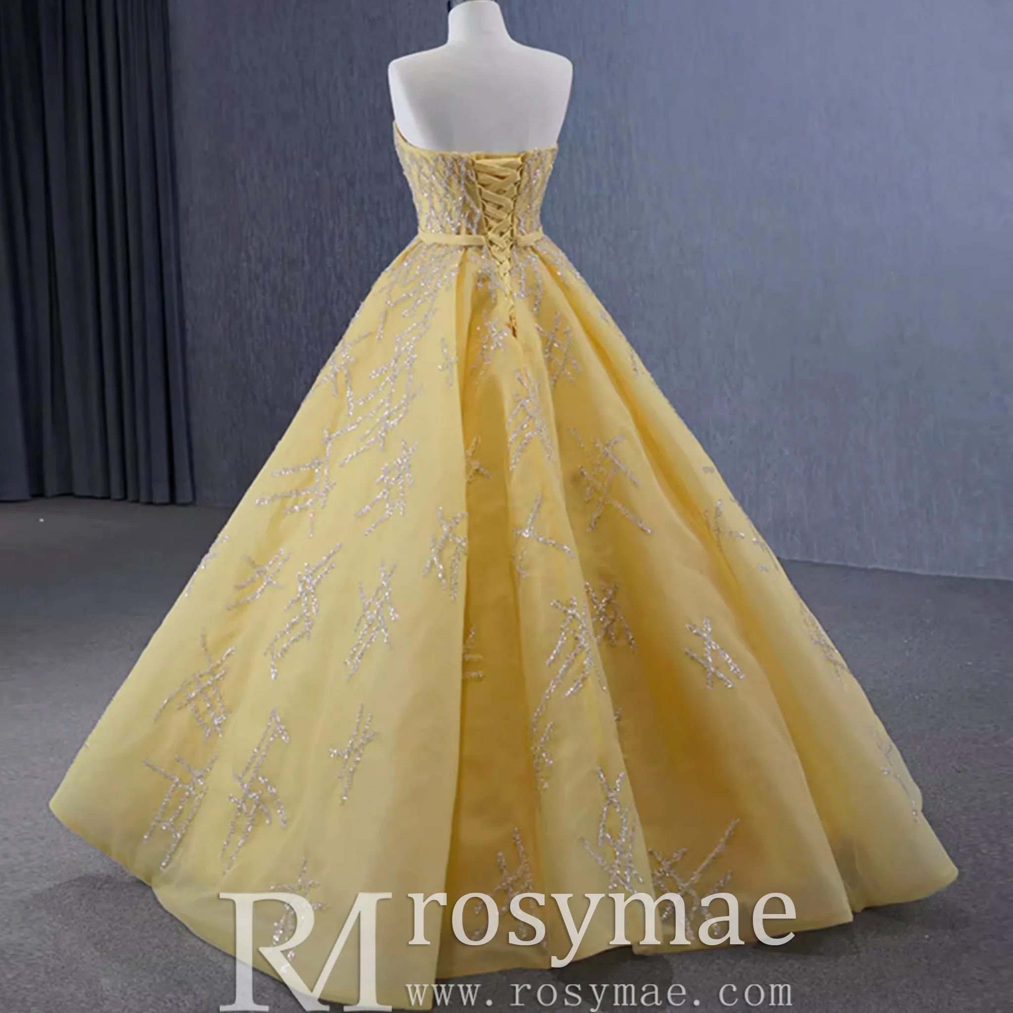 Sparkly Gold A-line Prom Gown Beaded Strapless Quinceanera Dress