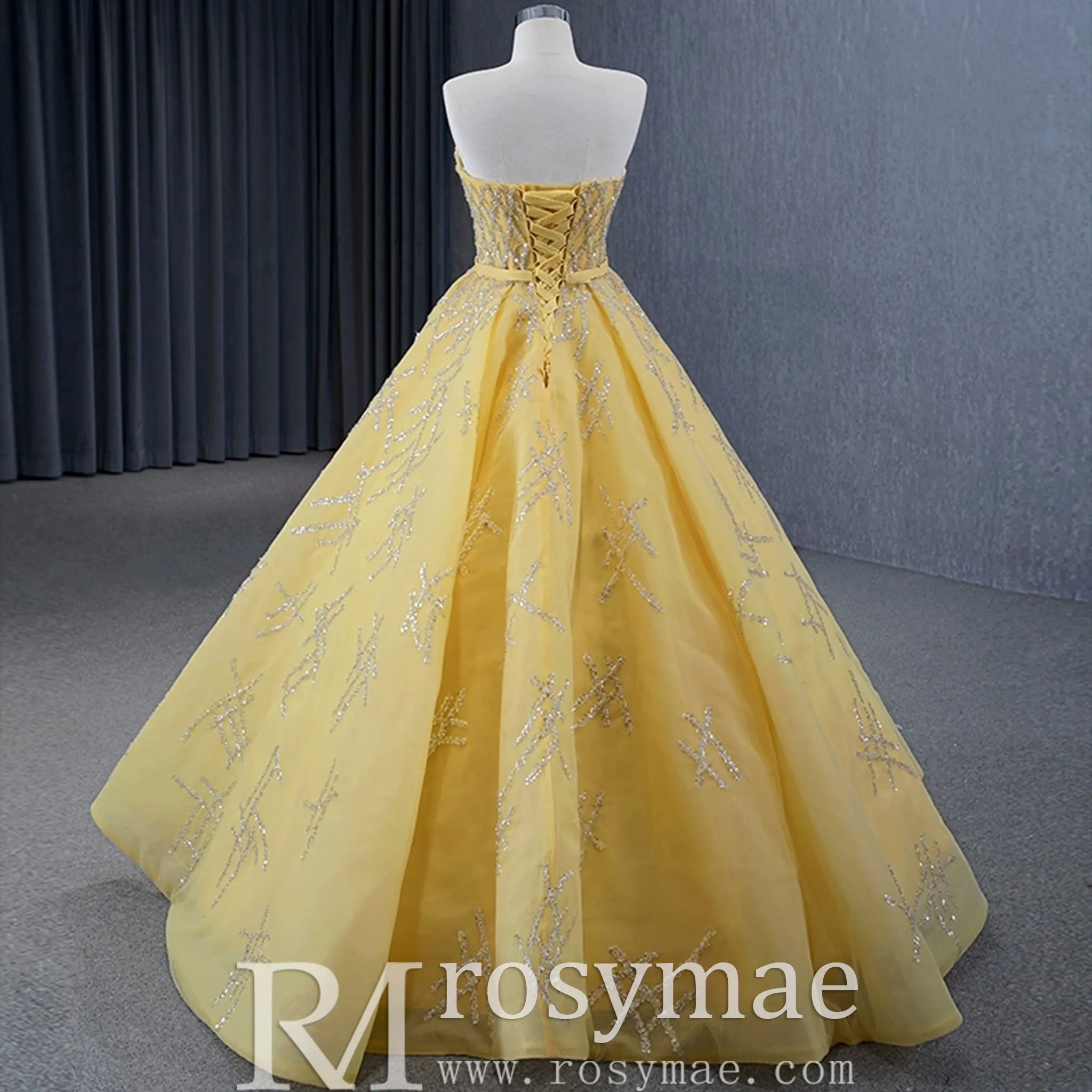Sparkly Gold A-line Prom Gown Beaded Strapless Quinceanera Dress