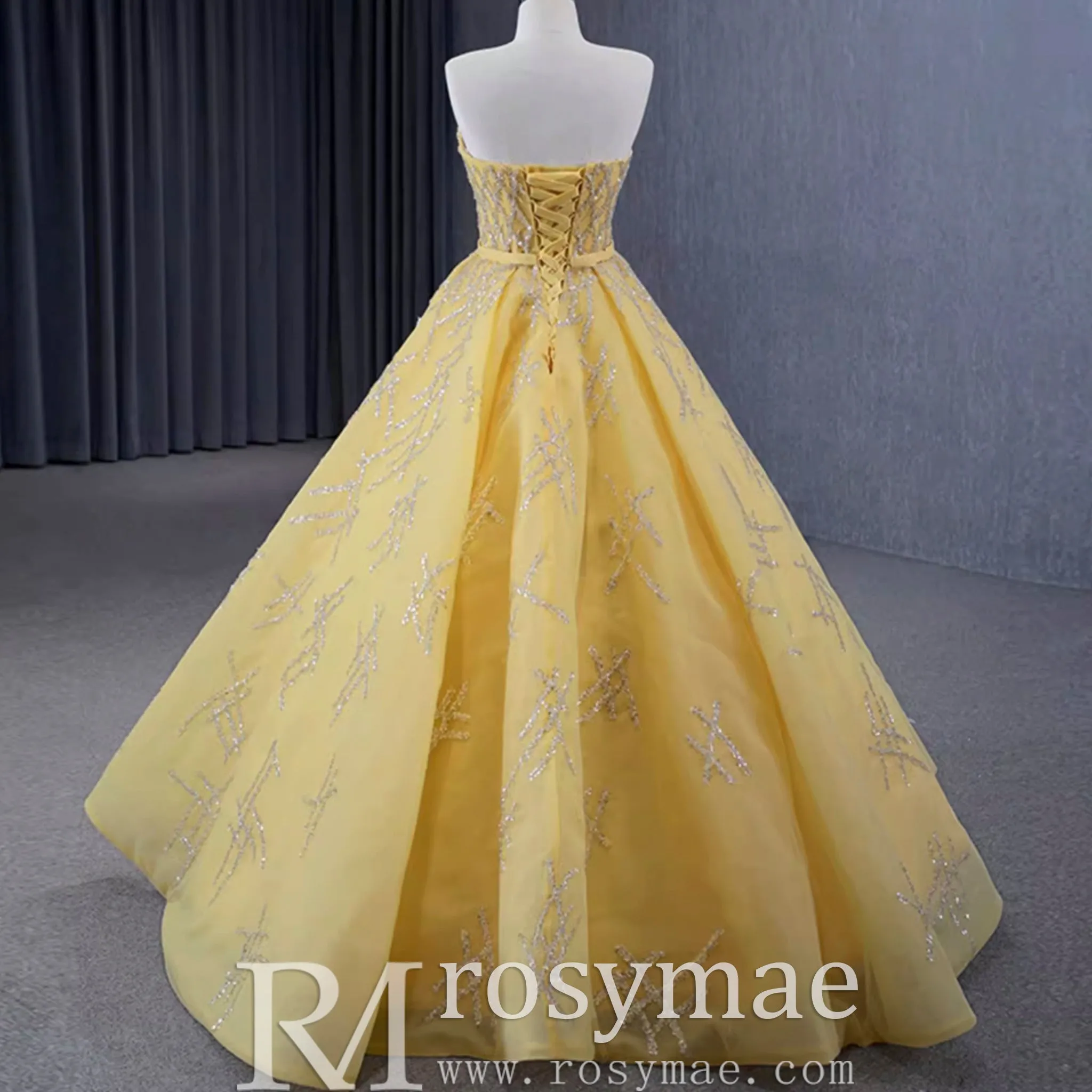 Sparkly Gold A-line Prom Gown Beaded Strapless Quinceanera Dress