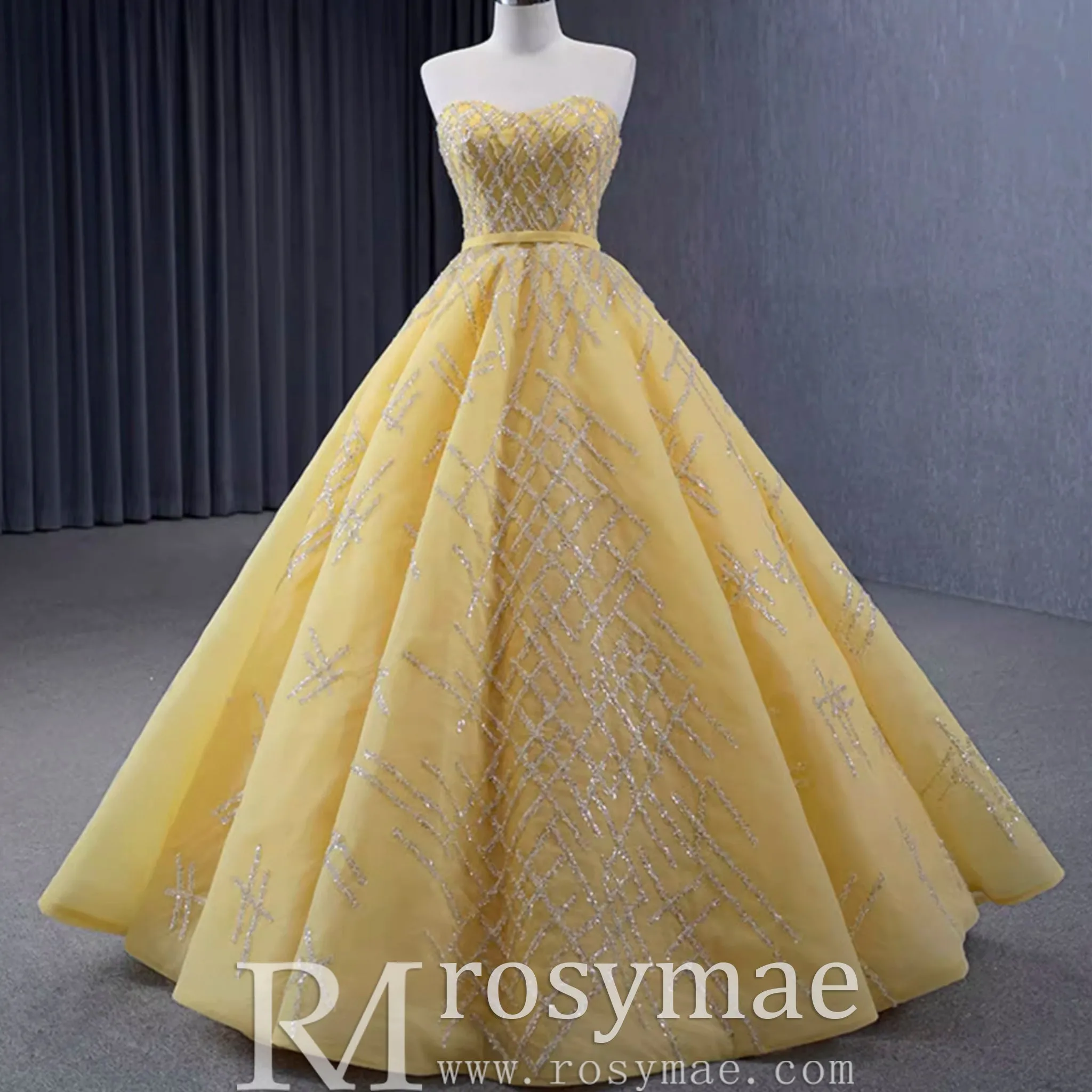 Sparkly Gold A-line Prom Gown Beaded Strapless Quinceanera Dress