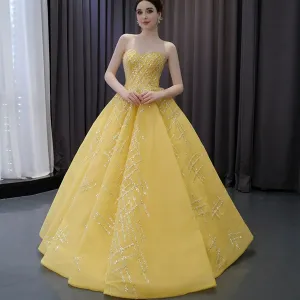 Sparkly Gold A-line Prom Gown Beaded Strapless Quinceanera Dress