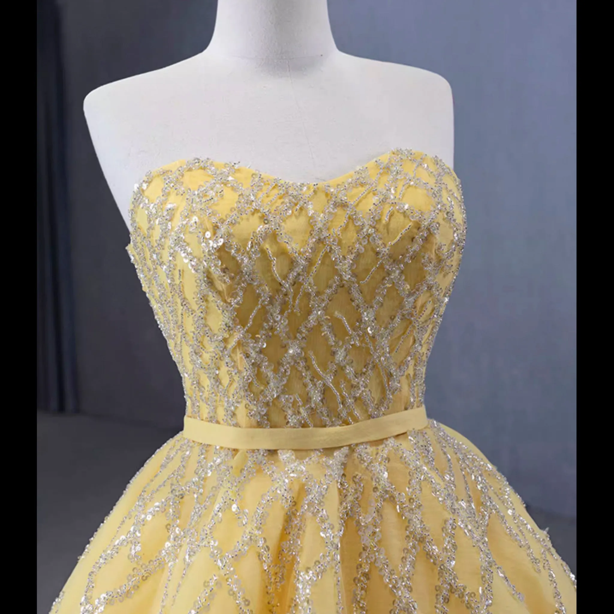 Sparkly Gold A-line Prom Gown Beaded Strapless Quinceanera Dress
