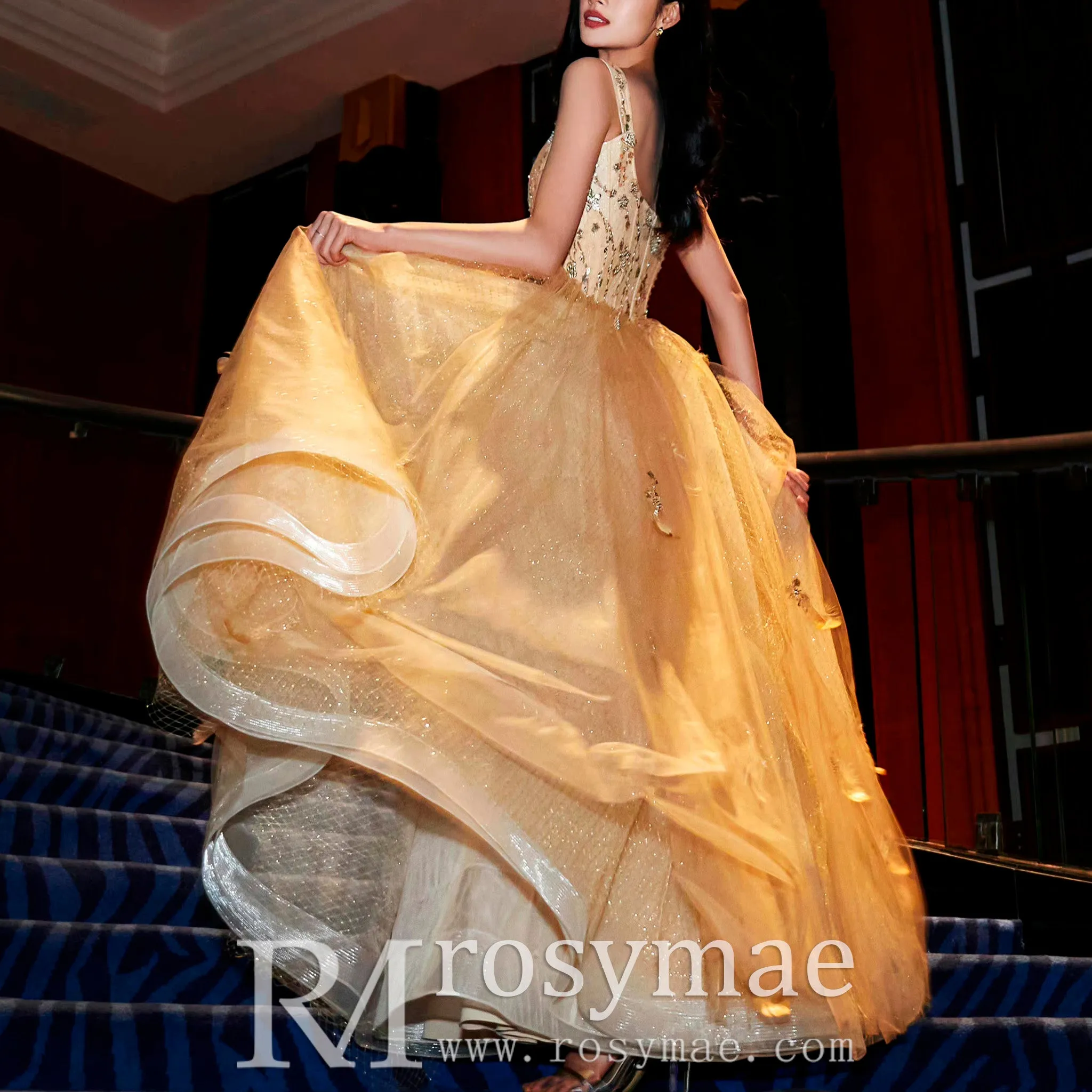 Sparkly Gold Evening Dresses Party Gowns with Wide Strap