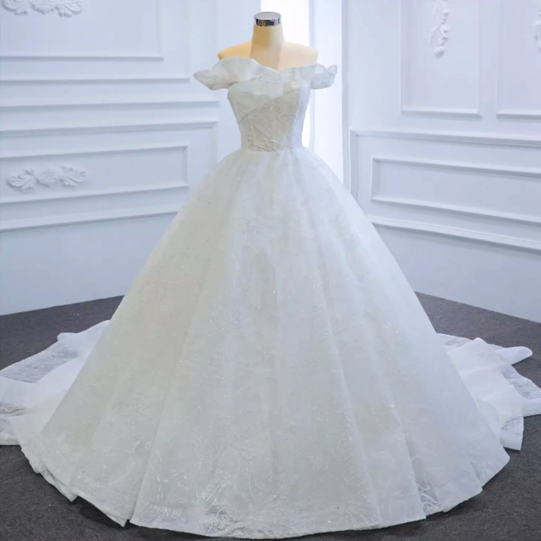 Sparkly Off the Shoulder Ball Gown Wedding Dress with Long Train