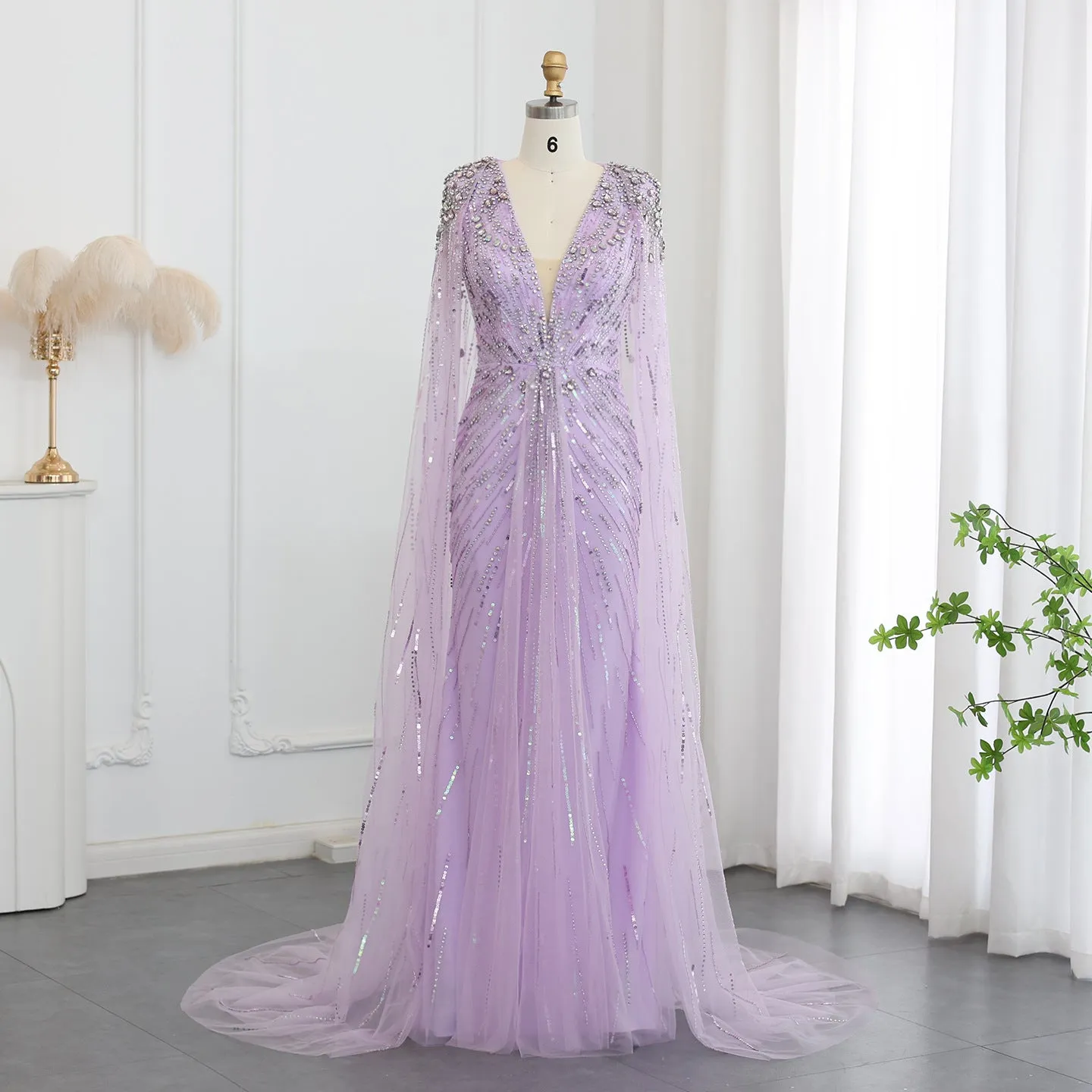 Sparkly Vneck Formal Dress Evening Gown with Cape Sleeve