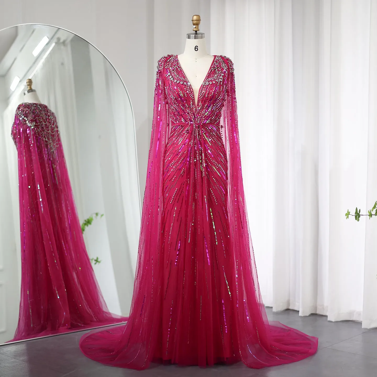 Sparkly Vneck Formal Dress Evening Gown with Cape Sleeve