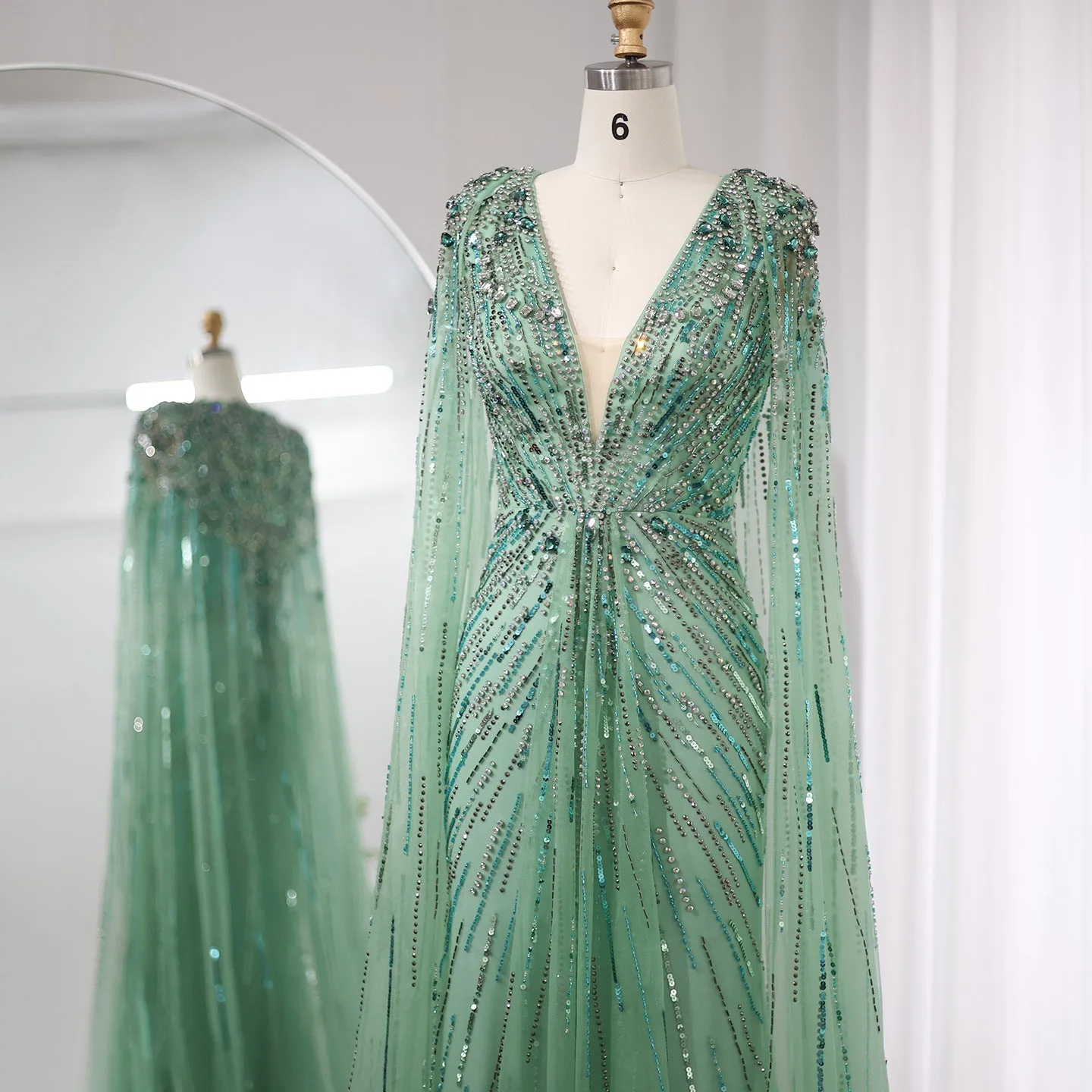 Sparkly Vneck Formal Dress Evening Gown with Cape Sleeve