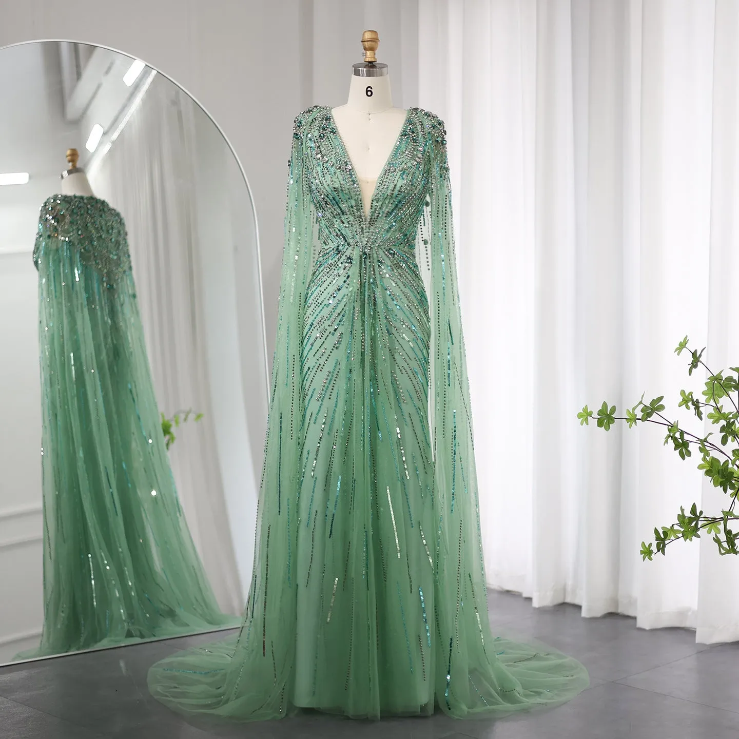 Sparkly Vneck Formal Dress Evening Gown with Cape Sleeve