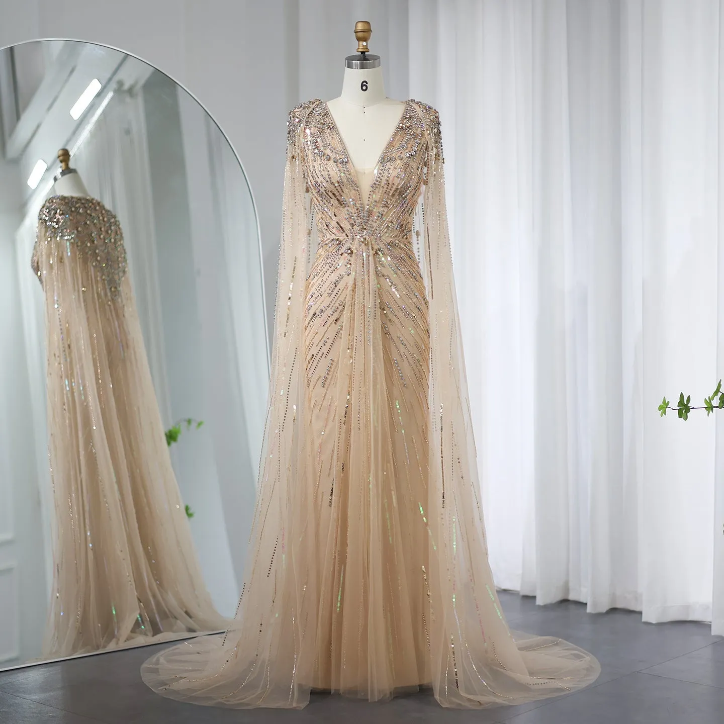 Sparkly Vneck Formal Dress Evening Gown with Cape Sleeve