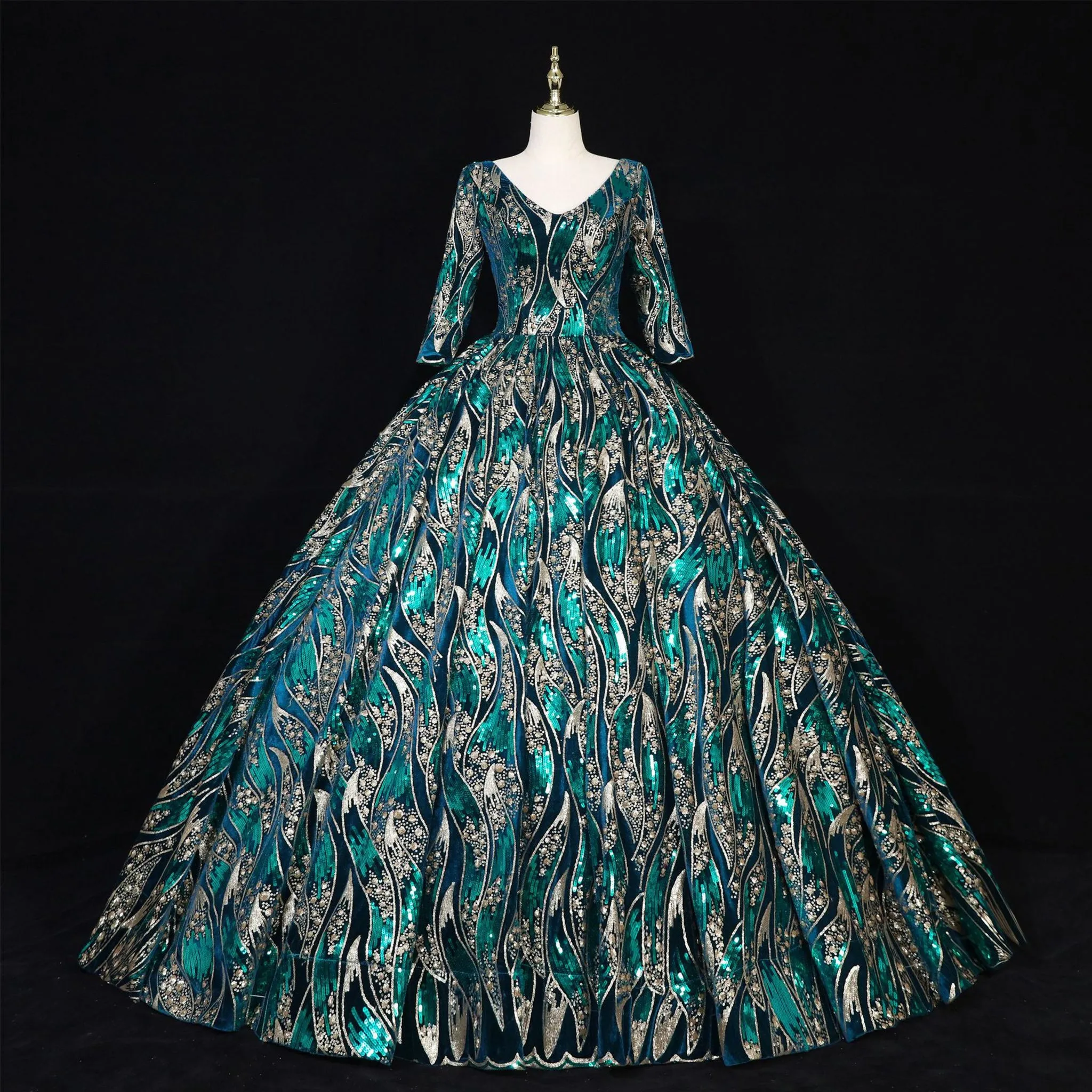 Sparky Sequins Half Sleeves Ball Gown Floor Length Quinceanera Dresses