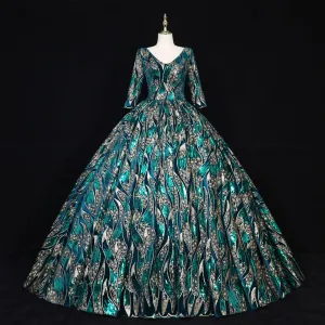 Sparky Sequins Half Sleeves Ball Gown Floor Length Quinceanera Dresses