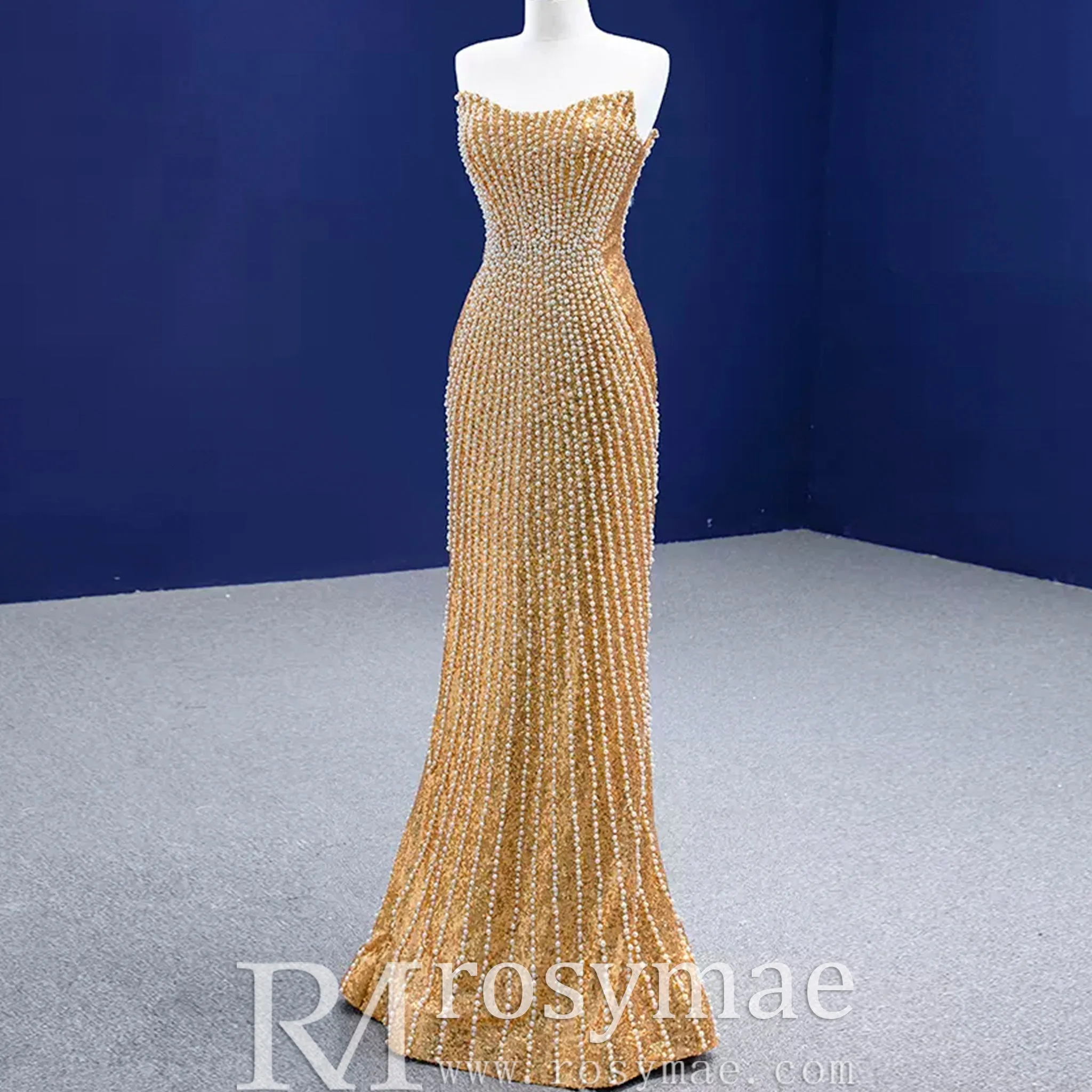 Strapless Gold Sheath Pearl Prom Dress with Boat Neckline