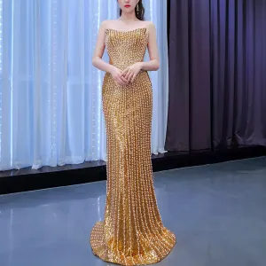 Strapless Gold Sheath Pearl Prom Dress with Boat Neckline