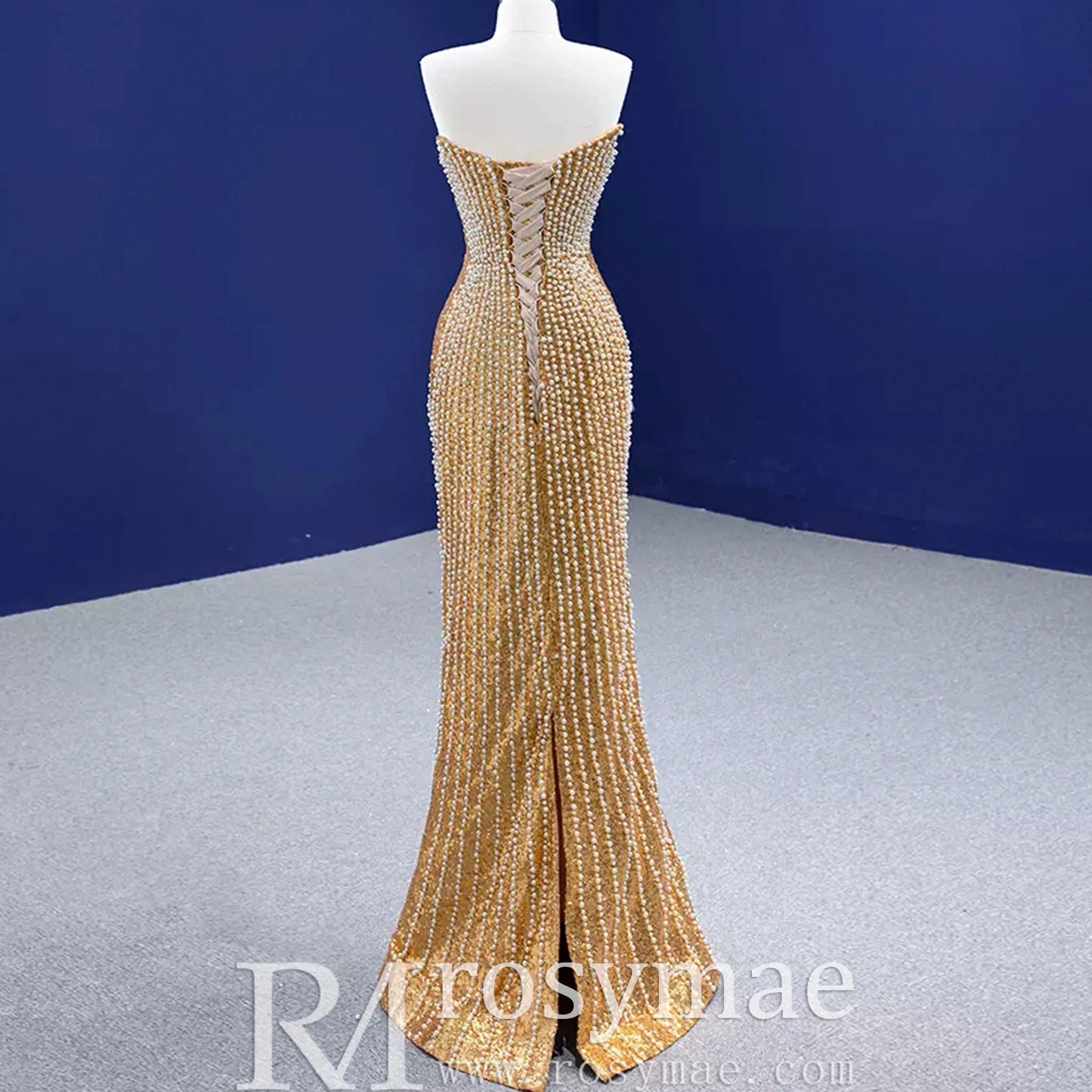 Strapless Gold Sheath Pearl Prom Dress with Boat Neckline
