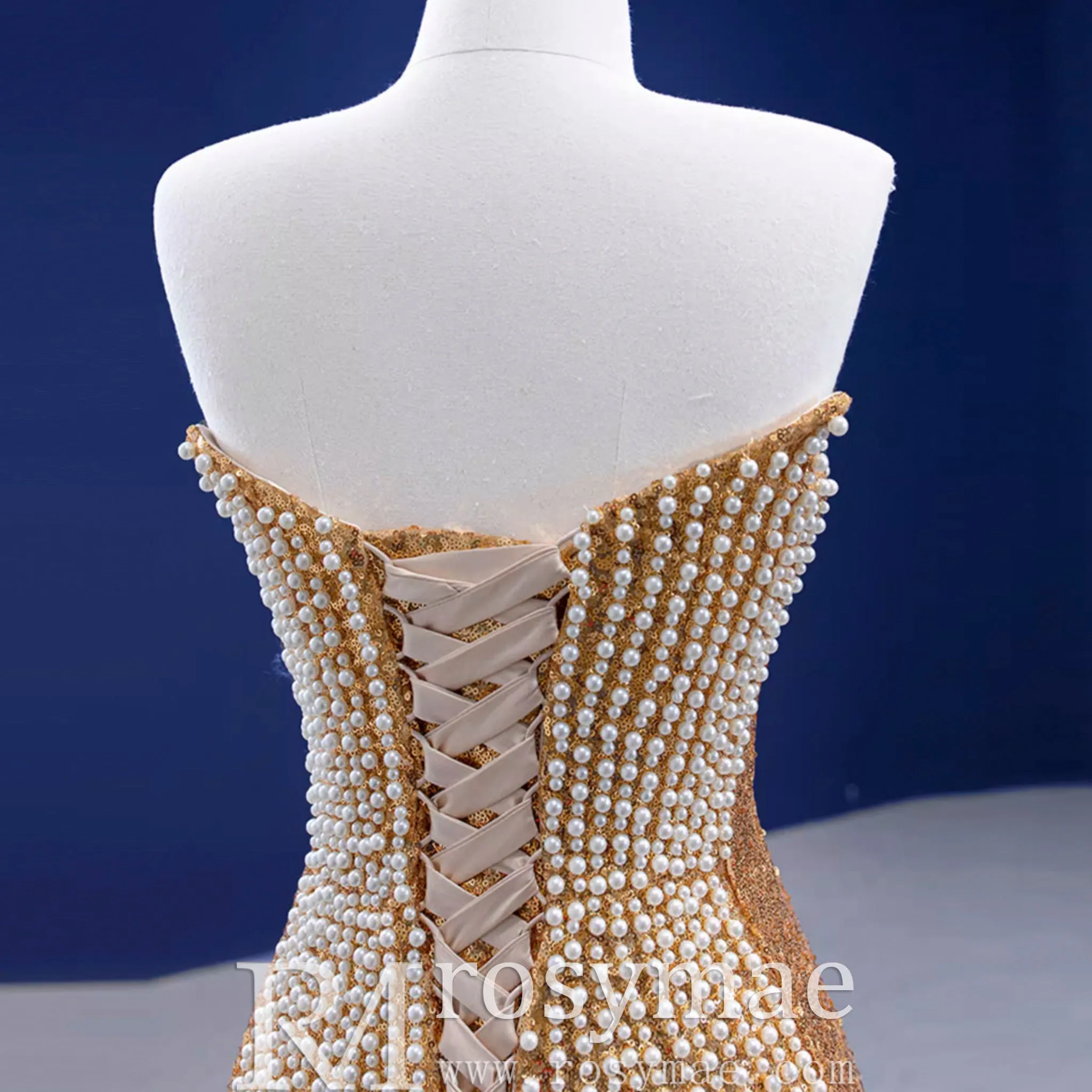 Strapless Gold Sheath Pearl Prom Dress with Boat Neckline