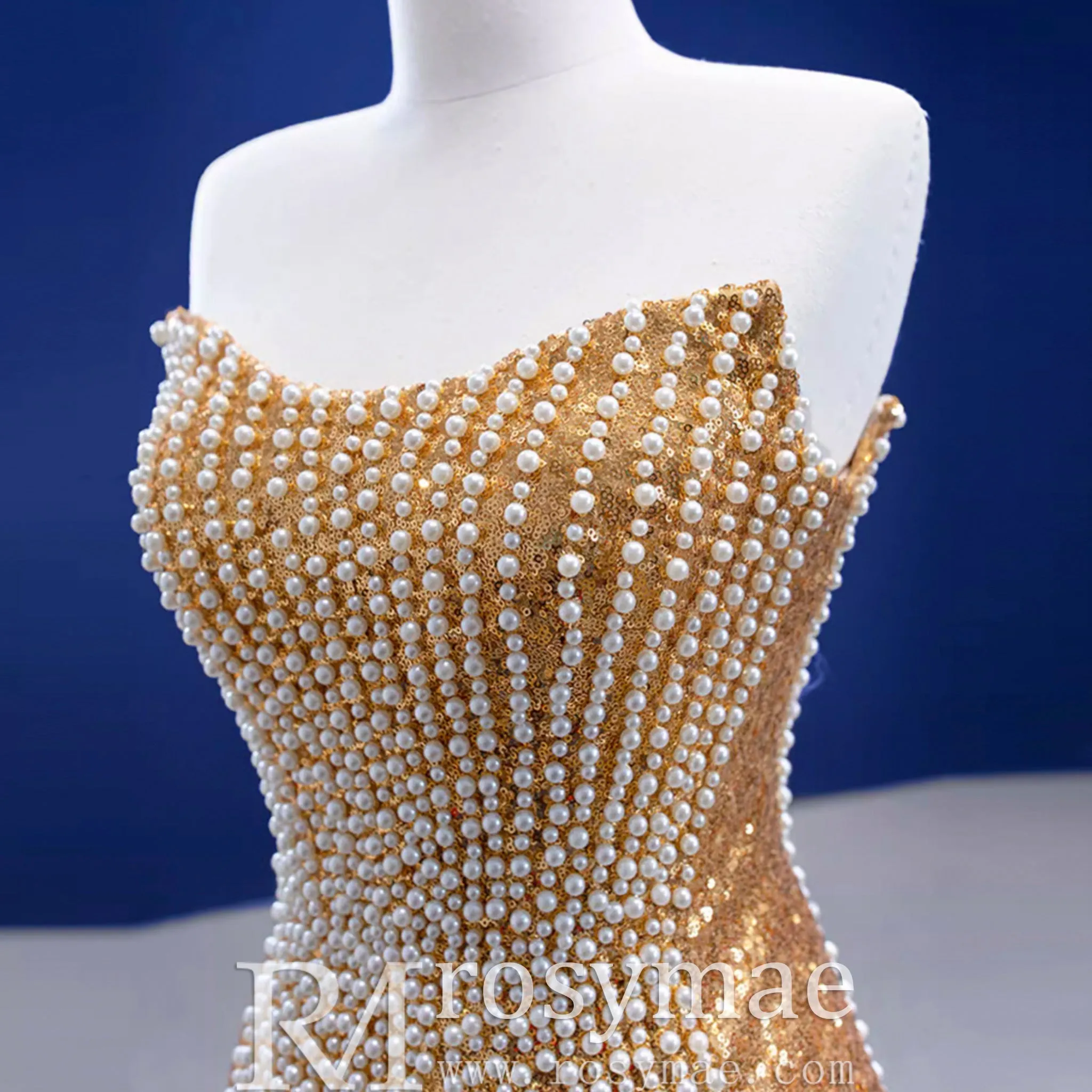 Strapless Gold Sheath Pearl Prom Dress with Boat Neckline