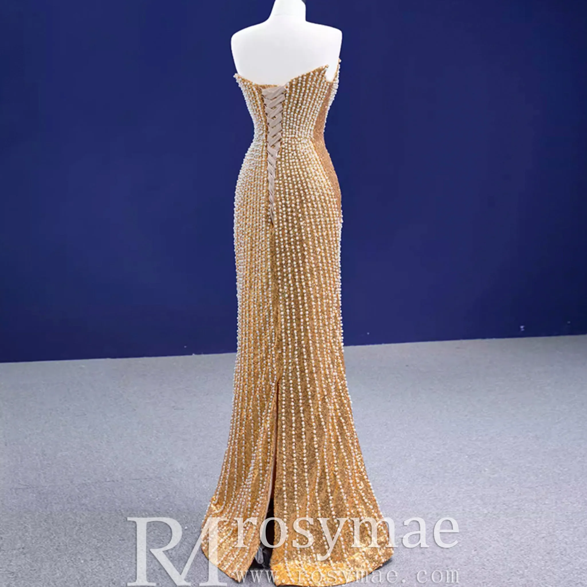 Strapless Gold Sheath Pearl Prom Dress with Boat Neckline