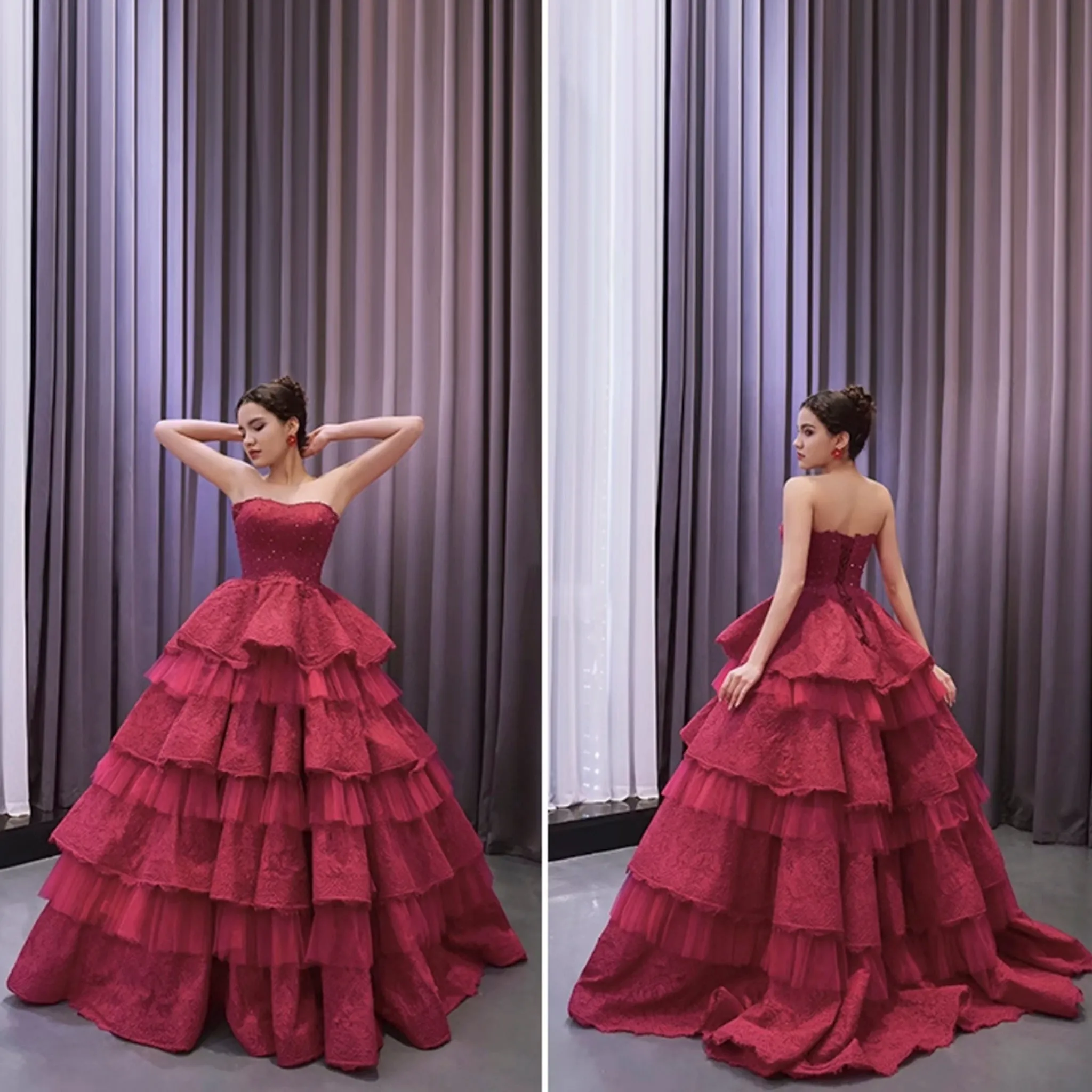 Strapless Multi Tiered & Ruffled Prom Dresses with Floral Lace