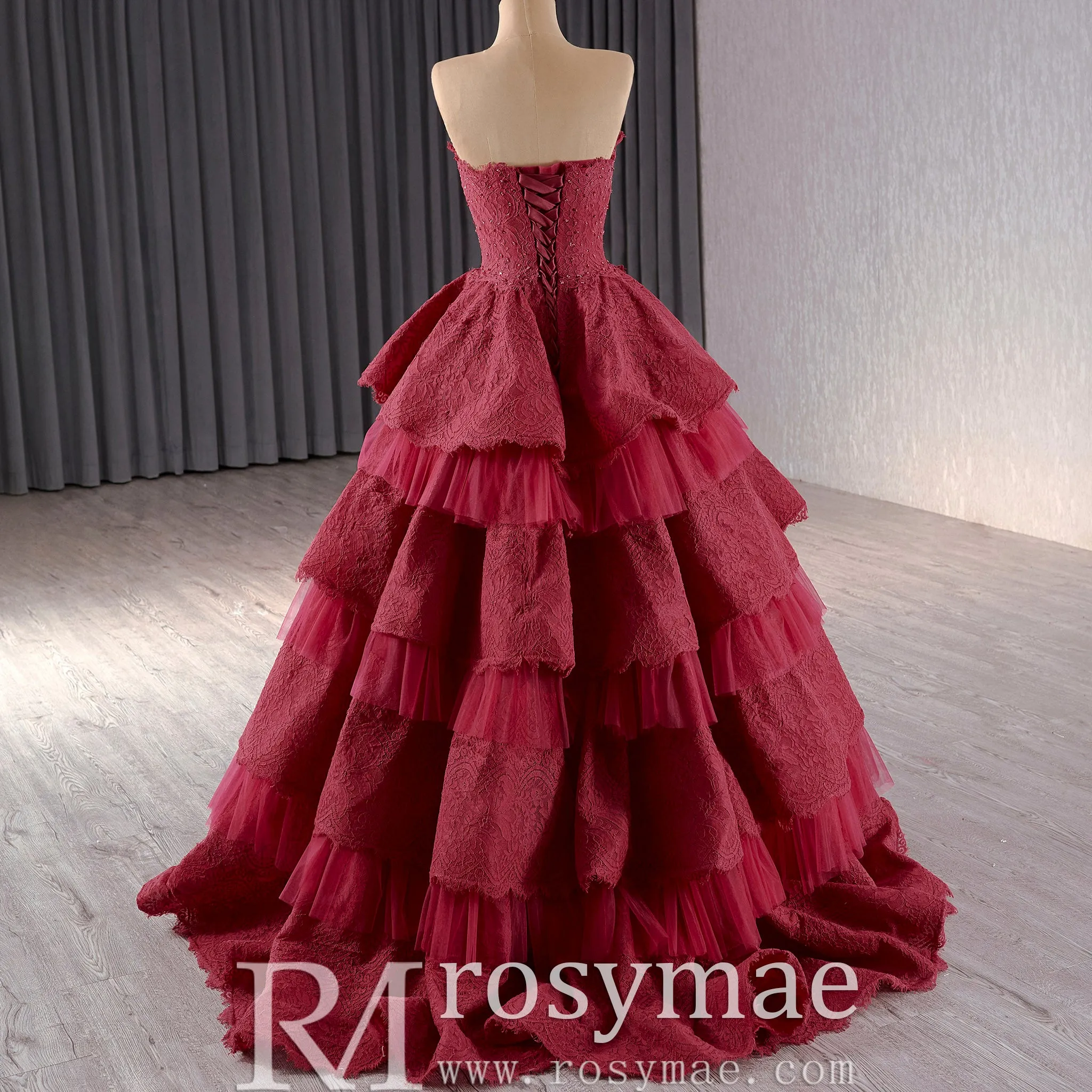 Strapless Multi Tiered & Ruffled Prom Dresses with Floral Lace