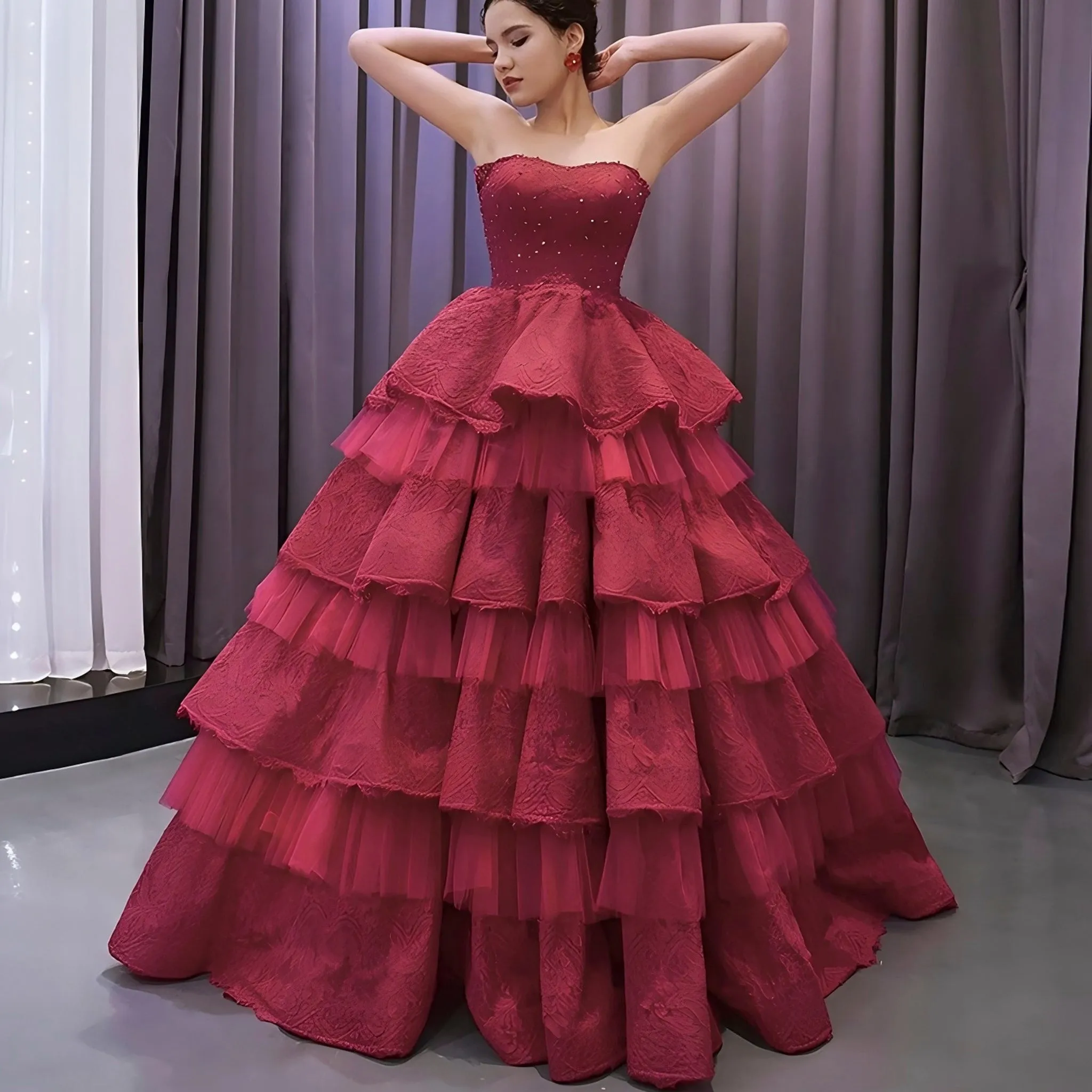 Strapless Multi Tiered & Ruffled Prom Dresses with Floral Lace