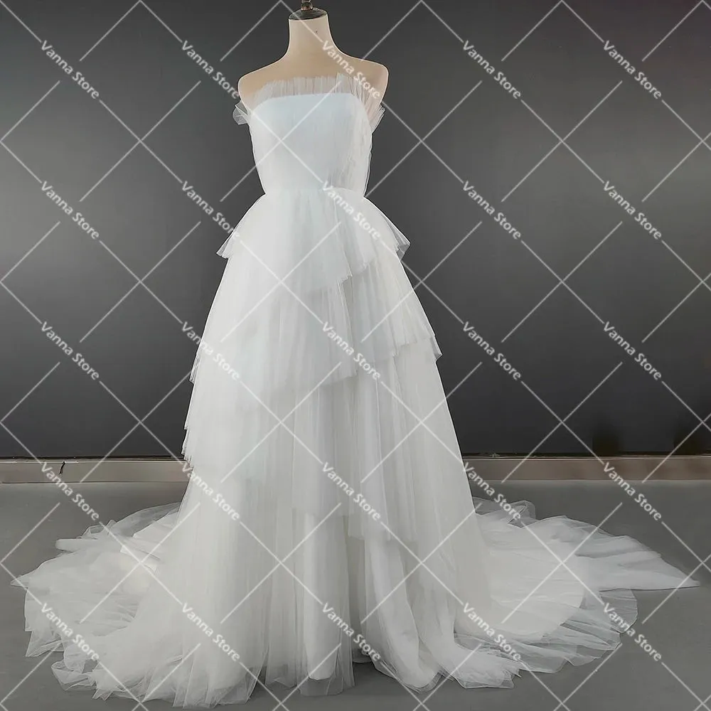 Strapless Pleated Chiffon A Line Wedding Dress Customized Plus Size Sleeveless Tulle Bridal Gown