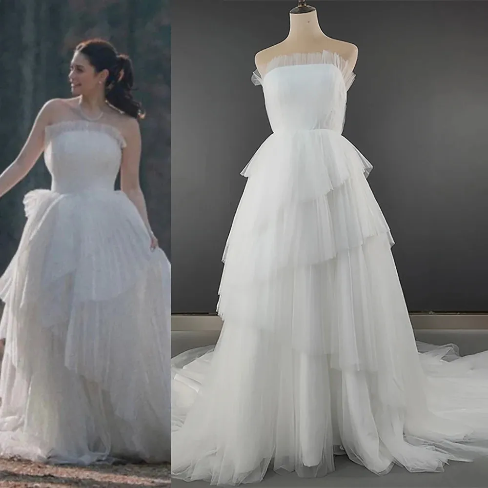 Strapless Pleated Chiffon A Line Wedding Dress Customized Plus Size Sleeveless Tulle Bridal Gown