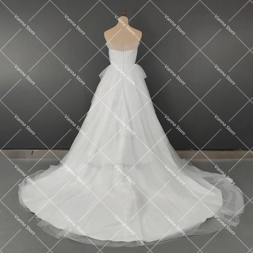 Strapless Pleated Chiffon A Line Wedding Dress Customized Plus Size Sleeveless Tulle Bridal Gown