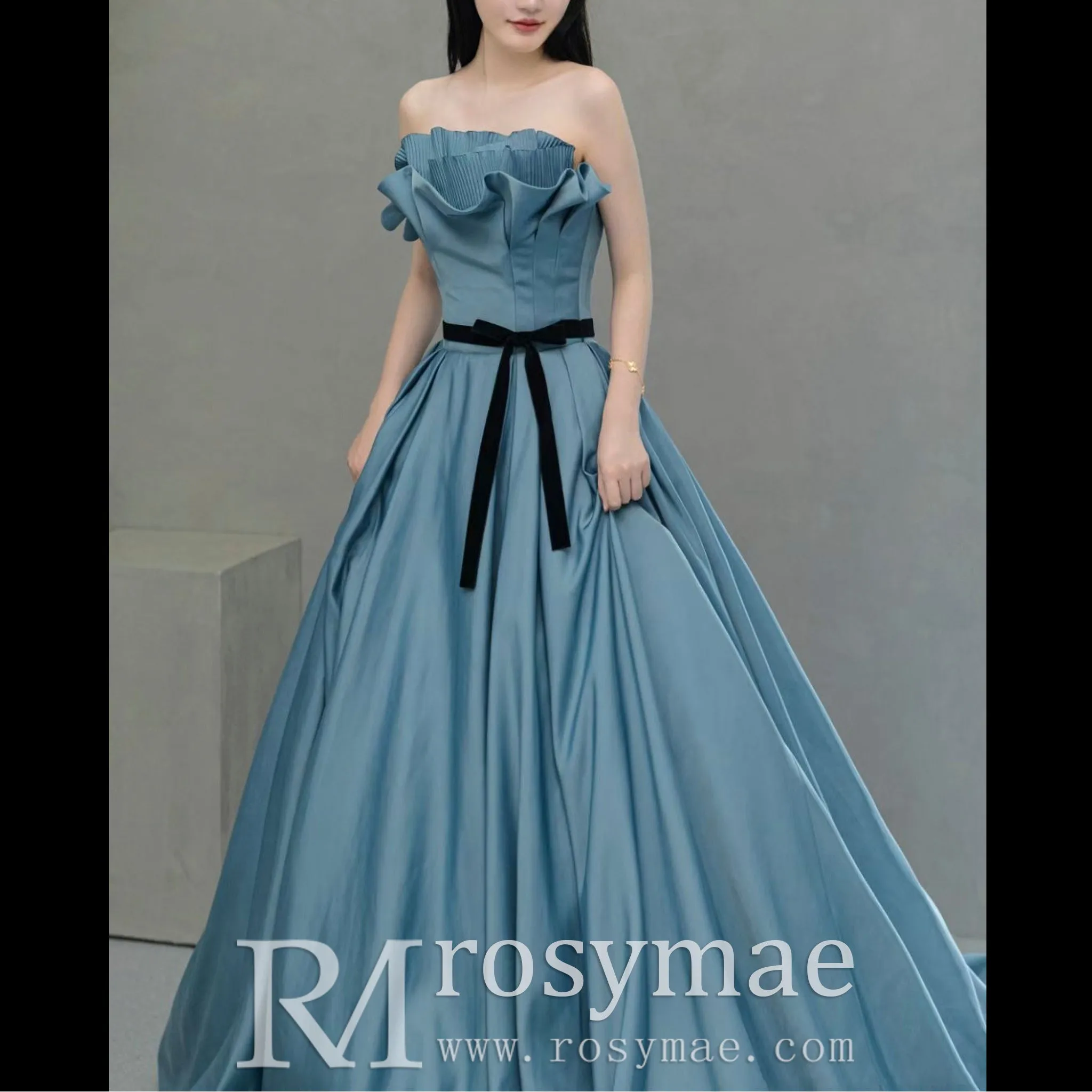 Strapless Ruched Top Steel Blue Formal Party Dresses for Women