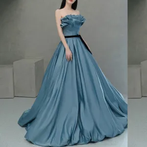 Strapless Ruched Top Steel Blue Formal Party Dresses for Women