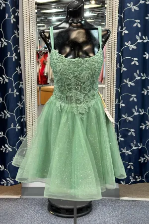 Straps Sage Green Appliques Tulle Short Party Dress