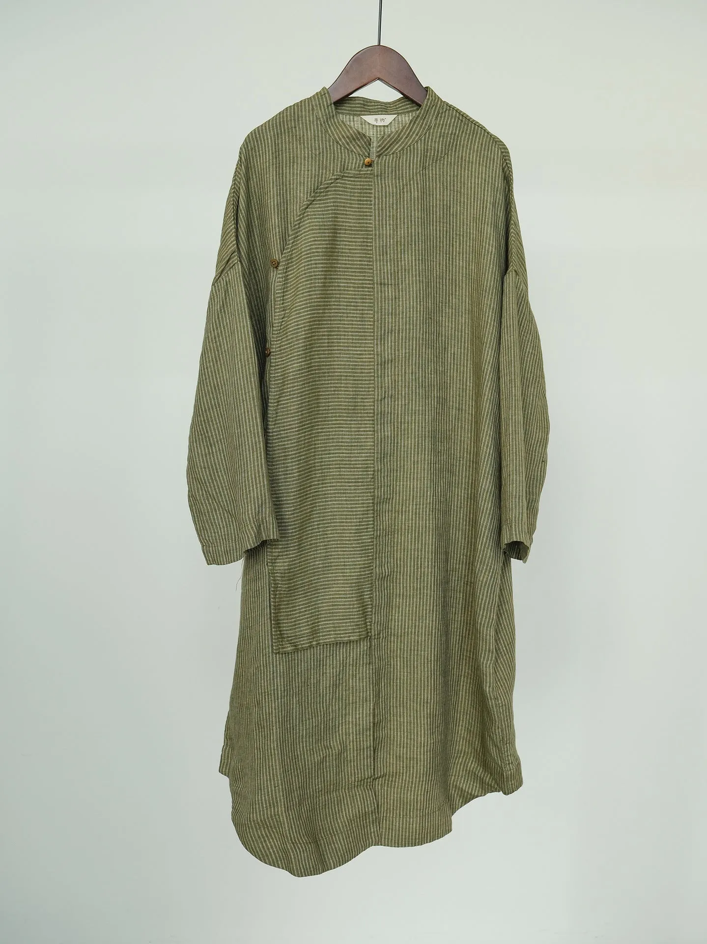 Stripe Linen Cheongsam Dress in Olive