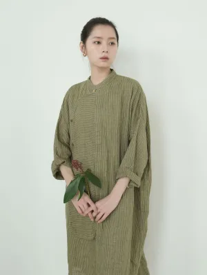 Stripe Linen Cheongsam Dress in Olive