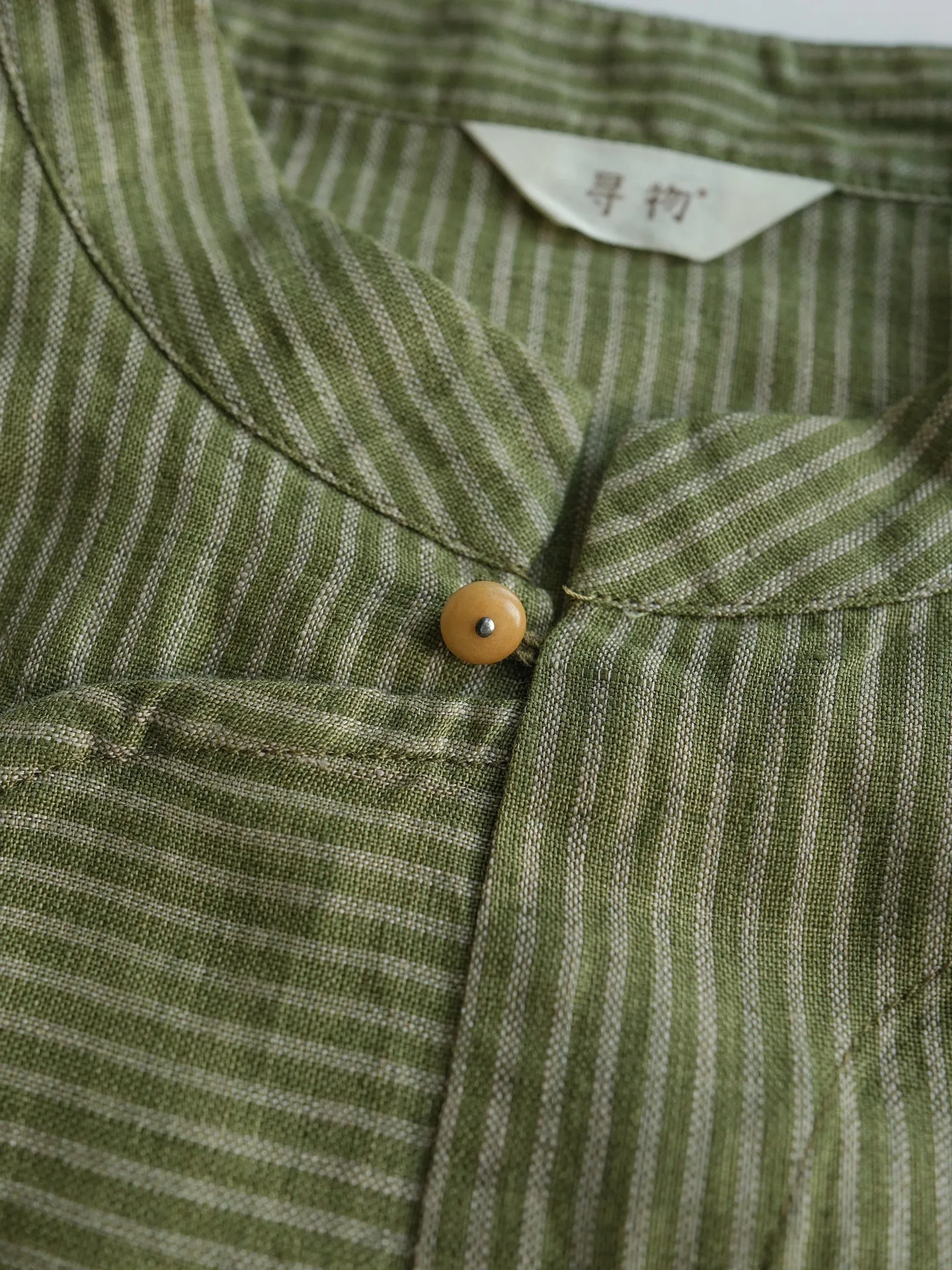 Stripe Linen Cheongsam Dress in Olive