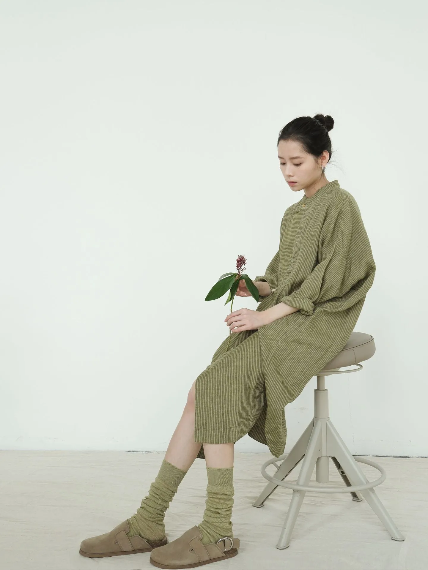 Stripe Linen Cheongsam Dress in Olive