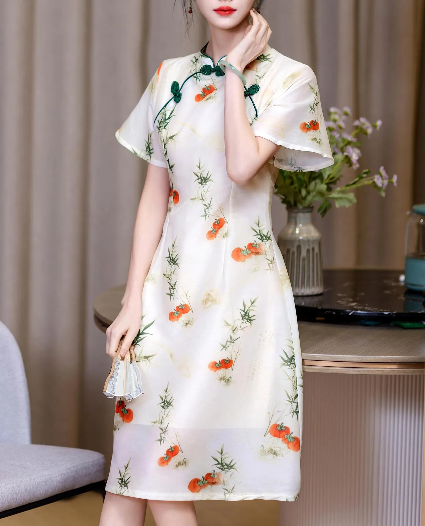 Stunning Floral Print A-line Qipao with Mid-Length and Tulle Hem