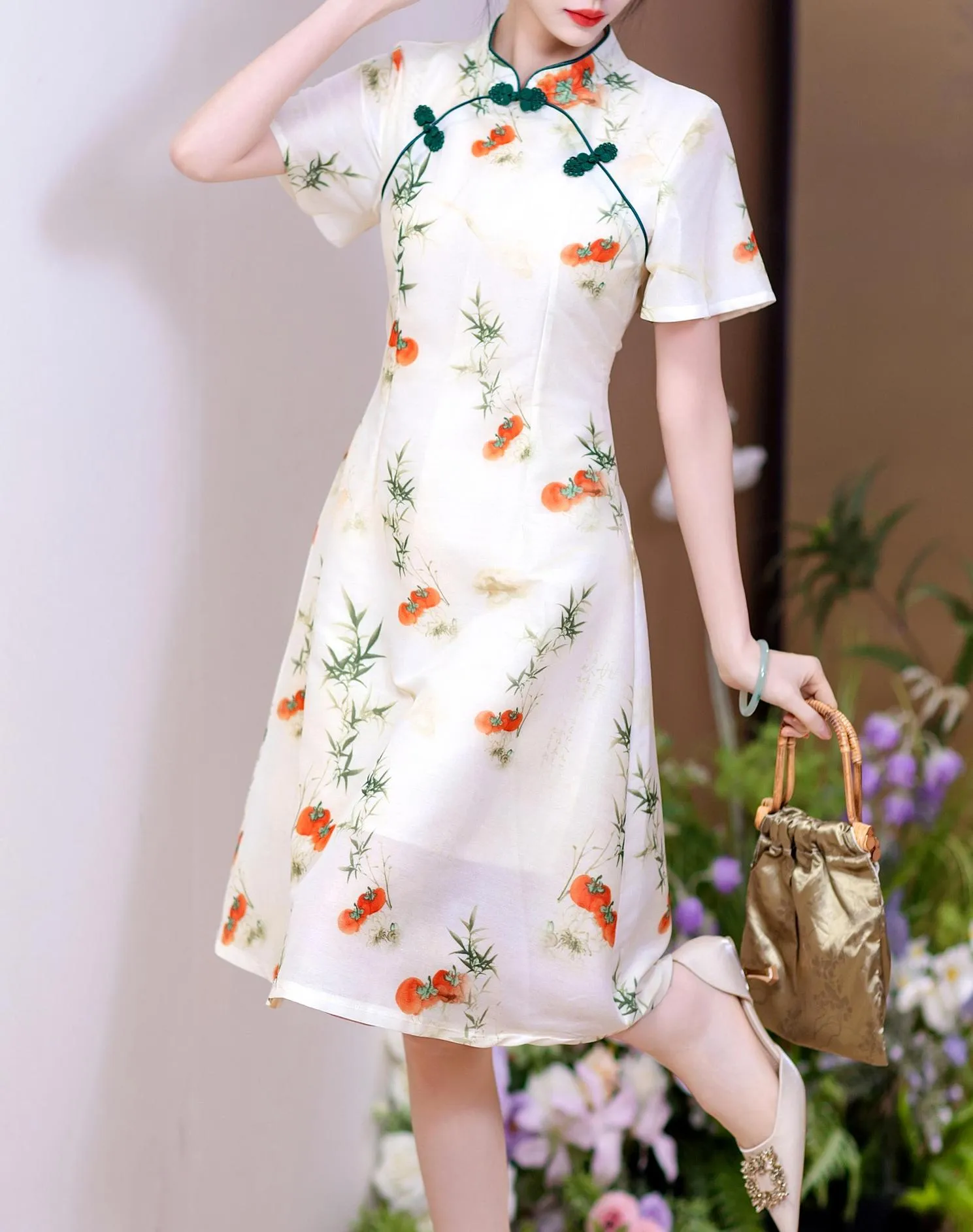 Stunning Floral Print A-line Qipao with Mid-Length and Tulle Hem