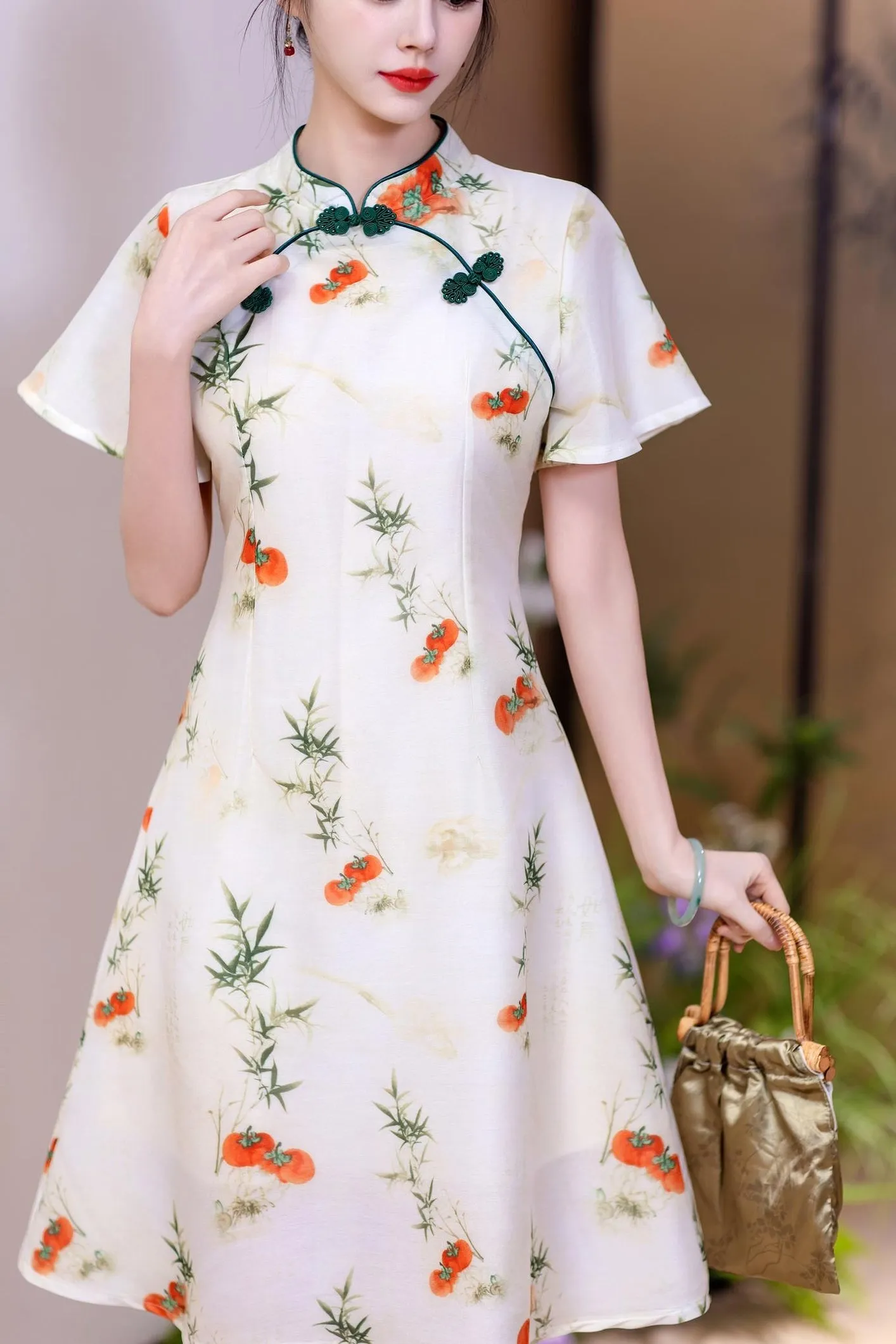 Stunning Floral Print A-line Qipao with Mid-Length and Tulle Hem