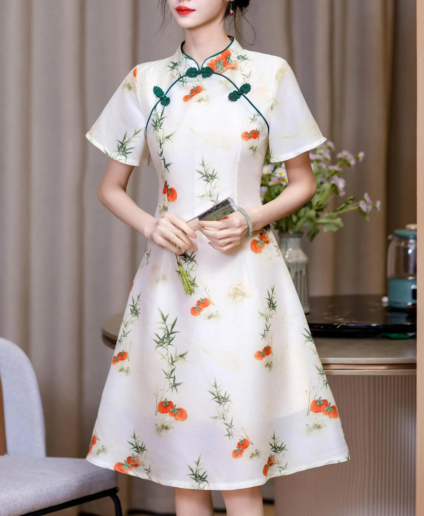 Stunning Floral Print A-line Qipao with Mid-Length and Tulle Hem