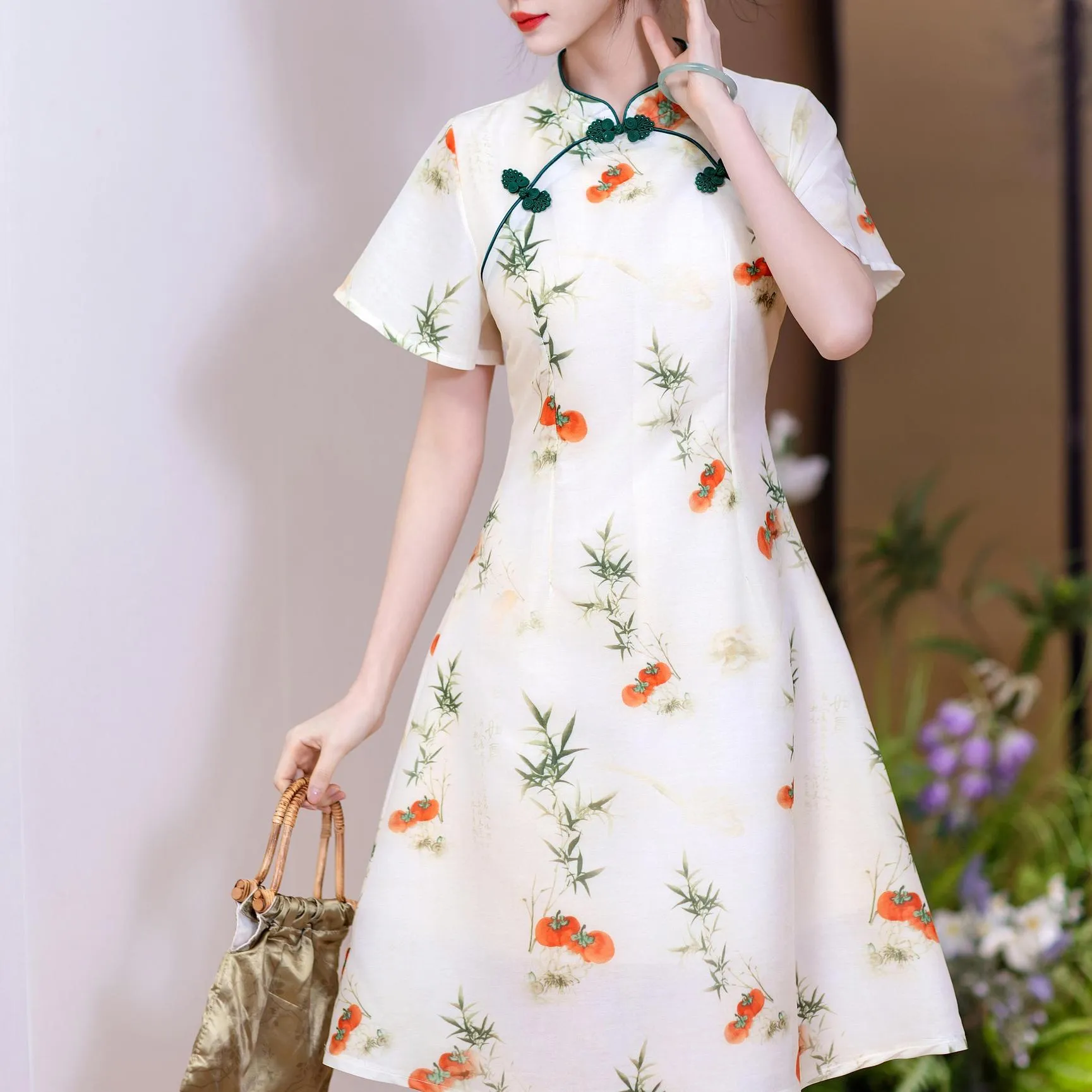 Stunning Floral Print A-line Qipao with Mid-Length and Tulle Hem