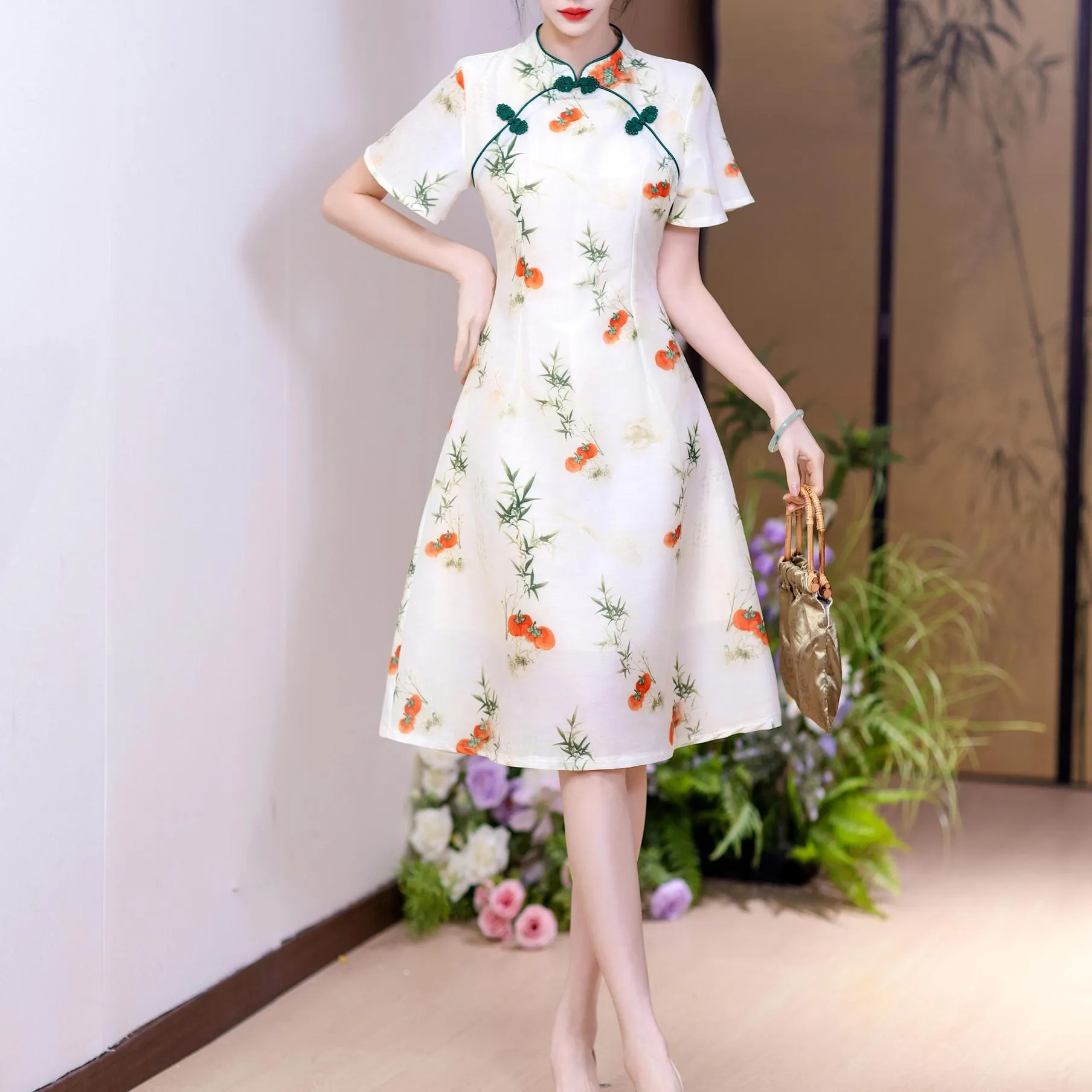 Stunning Floral Print A-line Qipao with Mid-Length and Tulle Hem